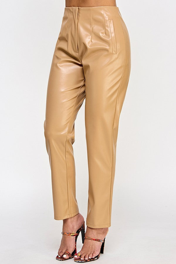 Women's High-Rise Faux Leather Ankle Length Sleek Pants Solid Color