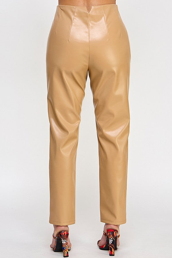 Women's High-Rise Faux Leather Ankle Length Sleek Pants Solid Color