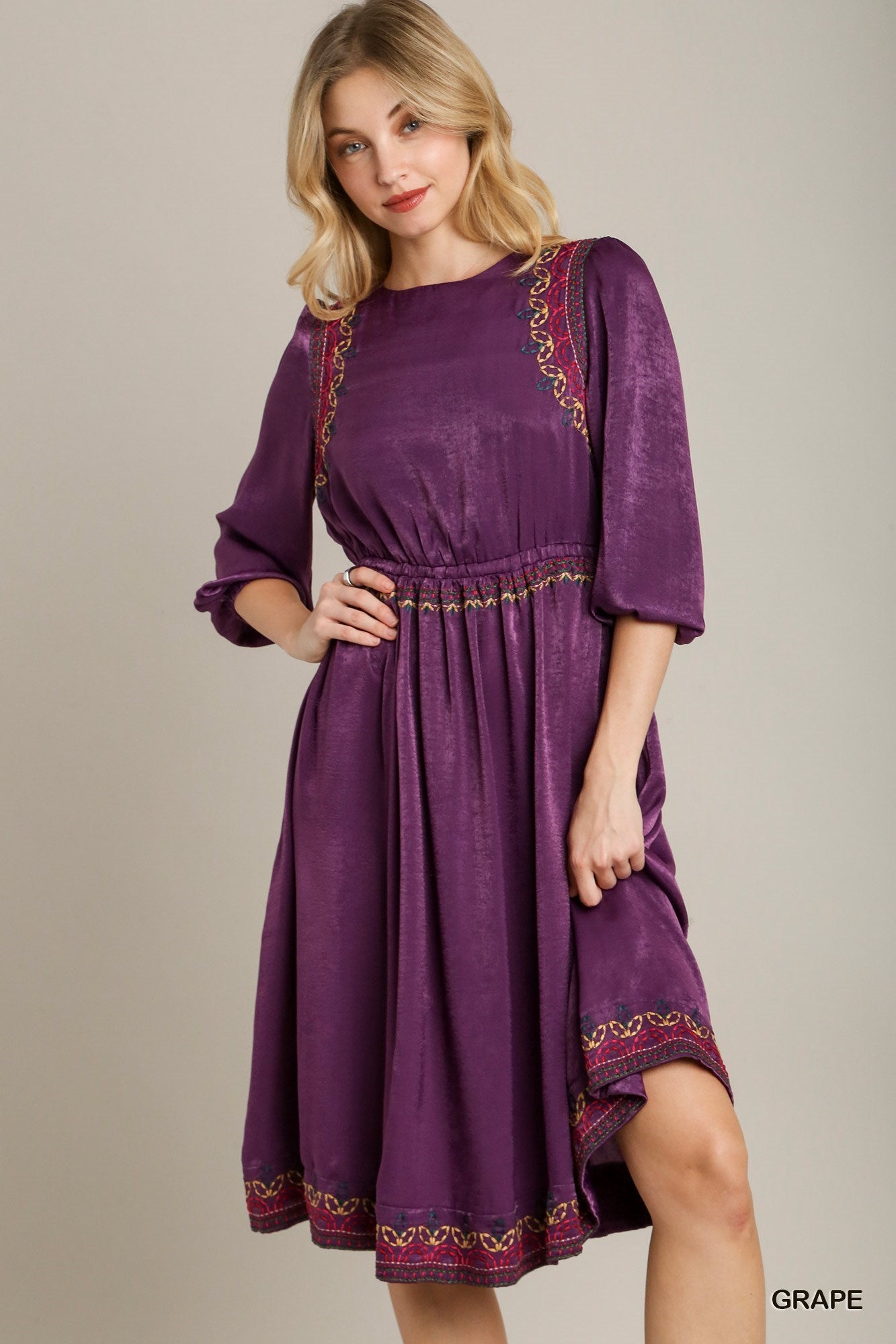 Women's Round Neck Satin Embroidery Midi Dress Short Balloon Sleeves Silhouette