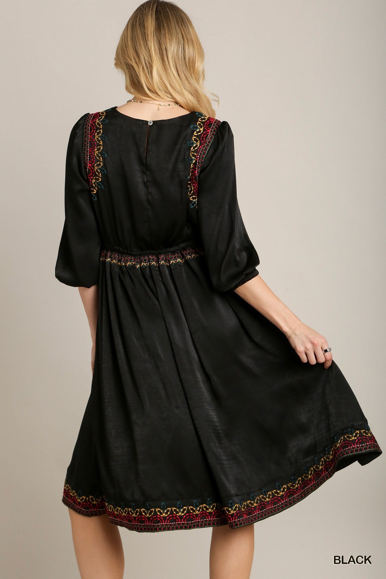 Women's Round Neck Satin Embroidery Midi Dress Short Balloon Sleeves Silhouette