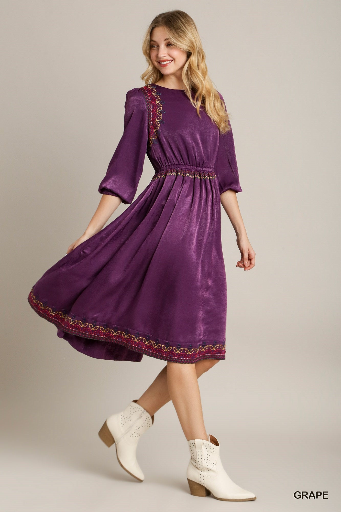 Women's Round Neck Satin Embroidery Midi Dress Short Balloon Sleeves Silhouette