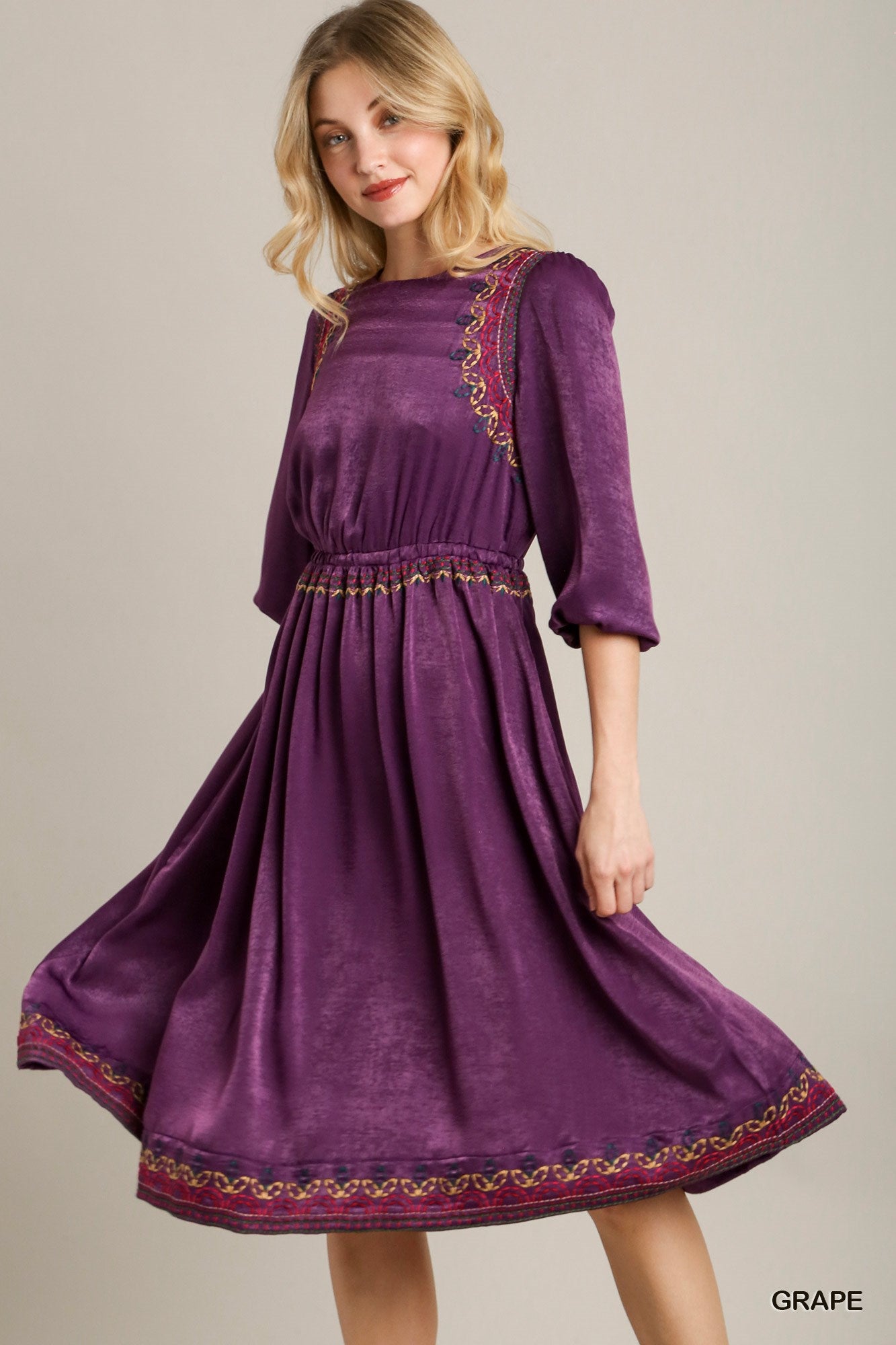Women's Round Neck Satin Embroidery Midi Dress Short Balloon Sleeves Silhouette