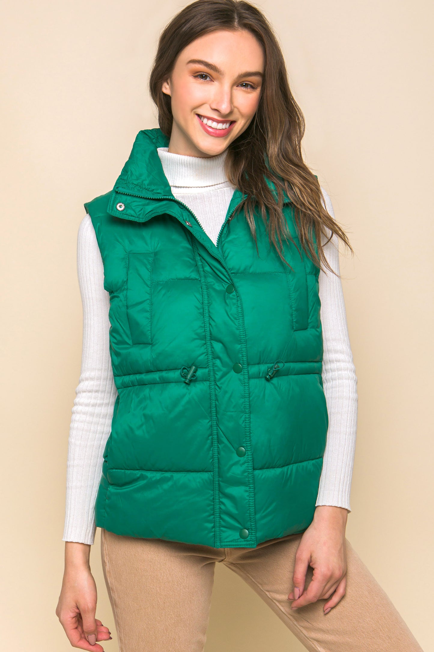 Women's Outwear Puffer Vest Waist Toggles Button Zip Up Stand Collar Sleeveless
