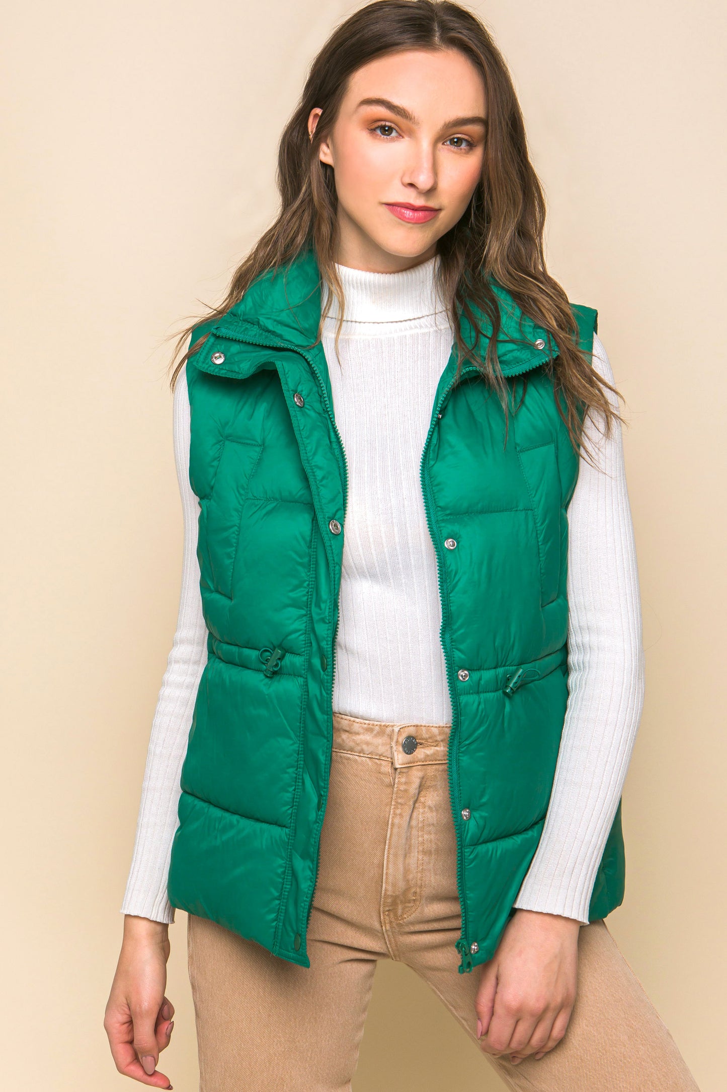 Women's Outwear Puffer Vest Waist Toggles Button Zip Up Stand Collar Sleeveless