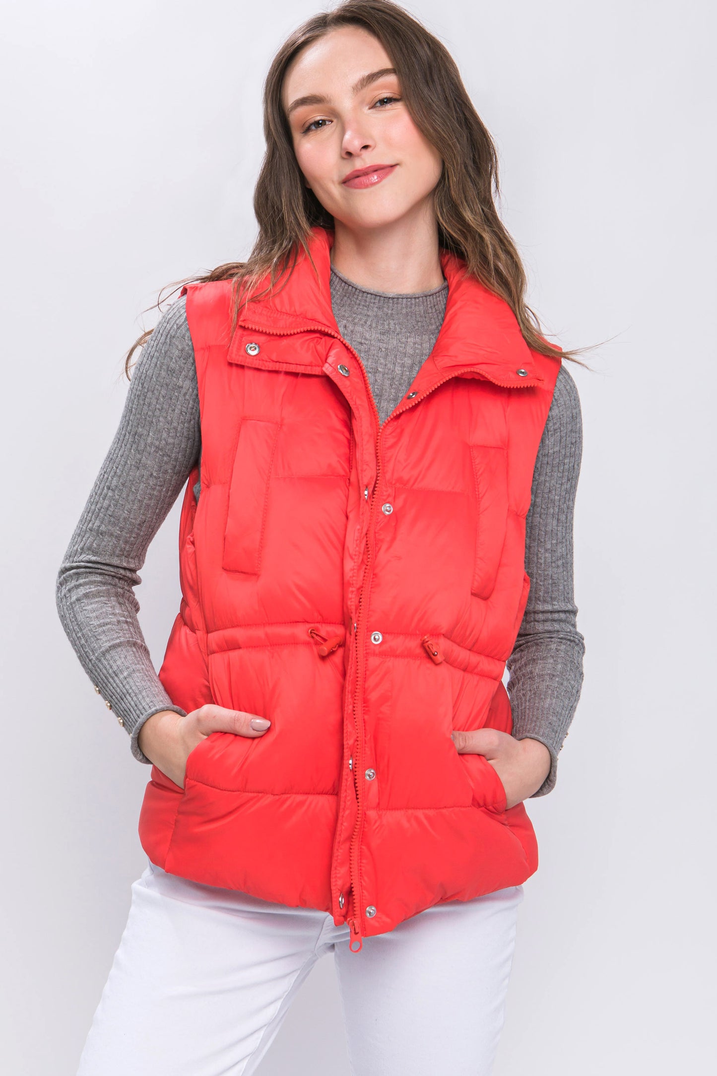 Women's Outwear Puffer Vest Waist Toggles Button Zip Up Stand Collar Sleeveless