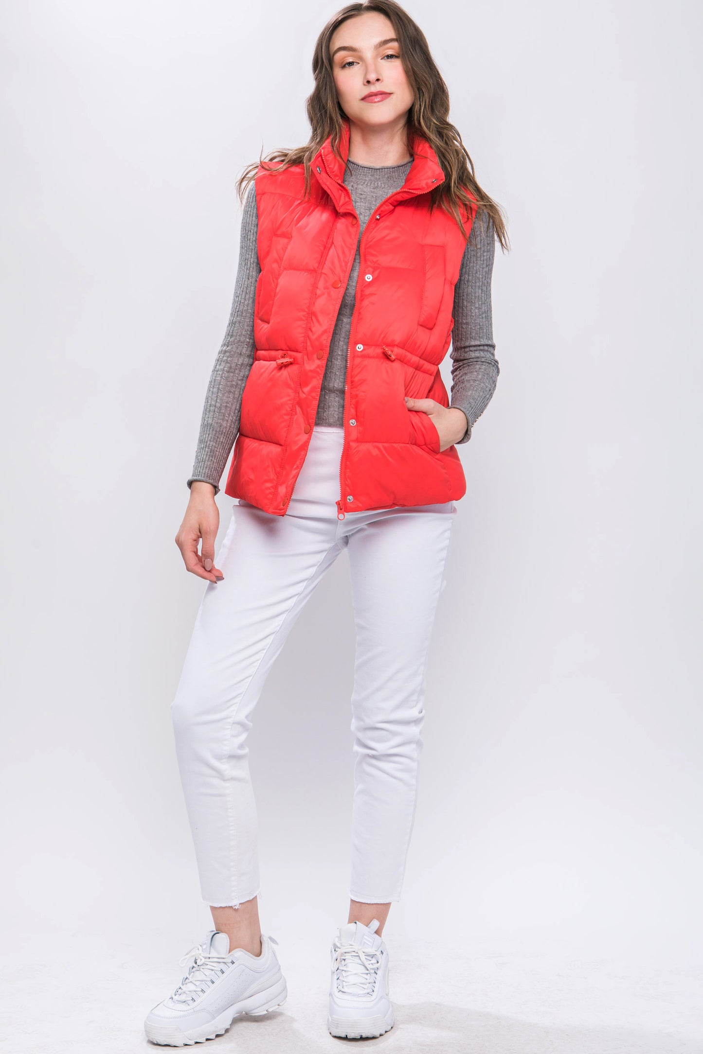 Women's Outwear Puffer Vest Waist Toggles Button Zip Up Stand Collar Sleeveless