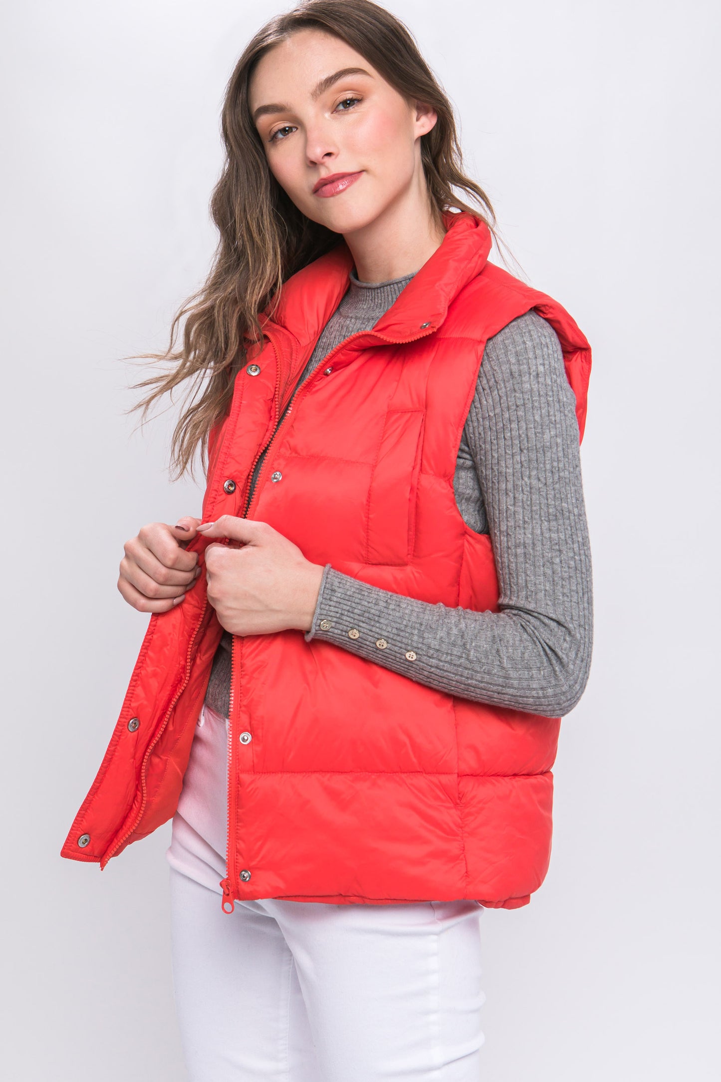 Women's Outwear Puffer Vest Waist Toggles Button Zip Up Stand Collar Sleeveless