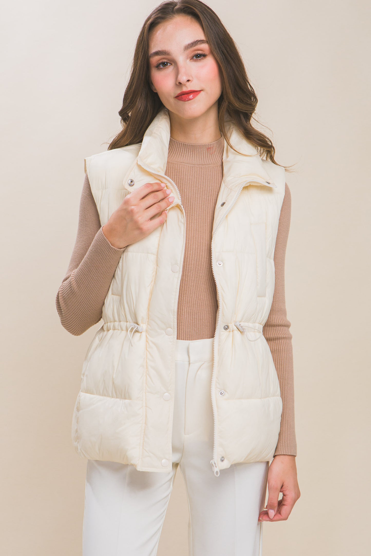 Women's Outwear Puffer Vest Waist Toggles Button Zip Up Stand Collar Sleeveless