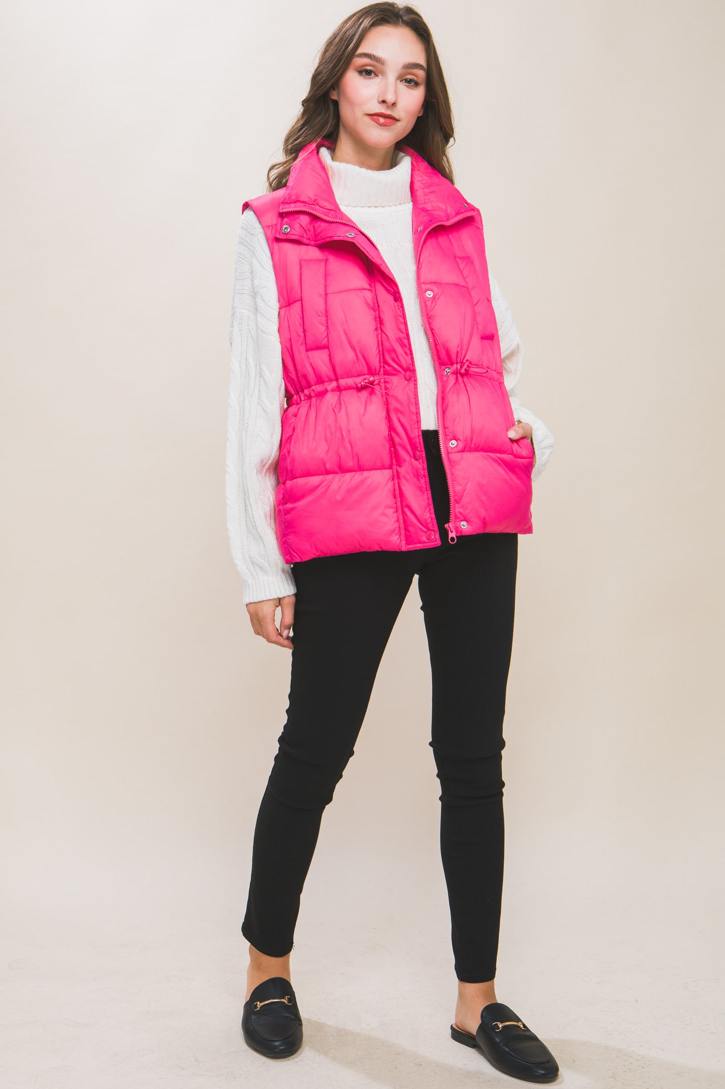 Women's Outwear Puffer Vest Waist Toggles Button Zip Up Stand Collar Sleeveless