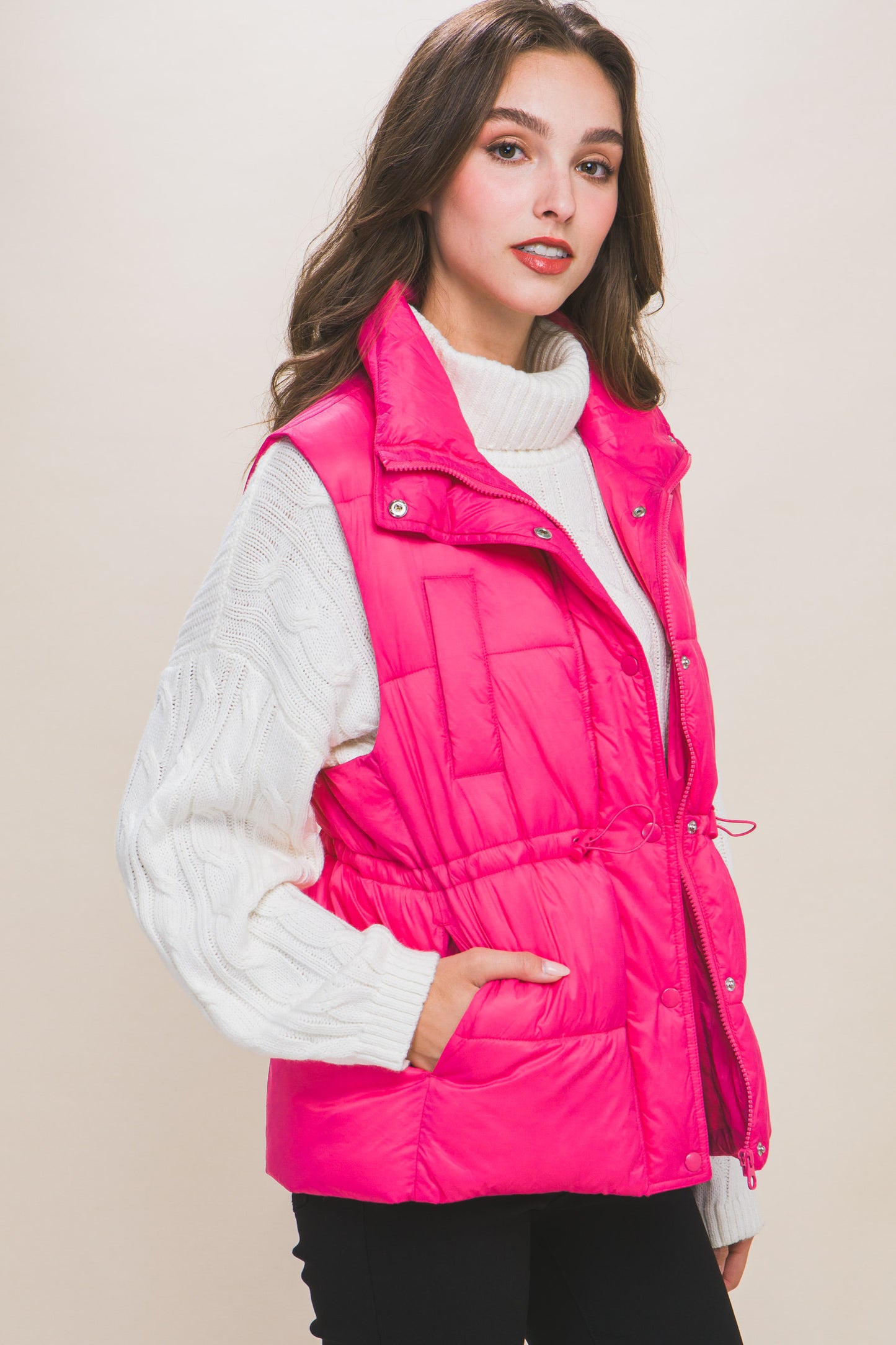 Women's Outwear Puffer Vest Waist Toggles Button Zip Up Stand Collar Sleeveless