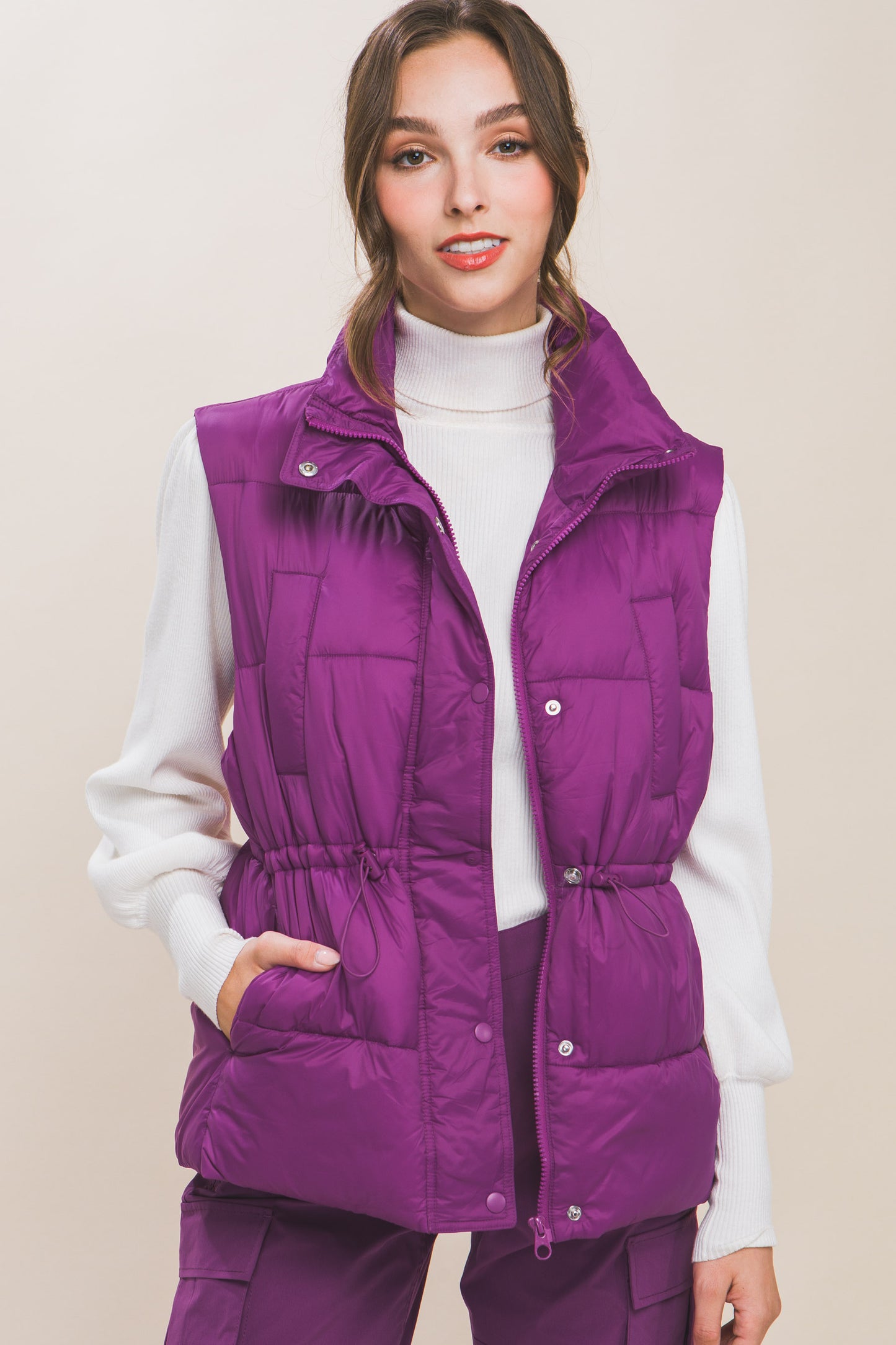 Women's Outwear Puffer Vest Waist Toggles Button Zip Up Stand Collar Sleeveless