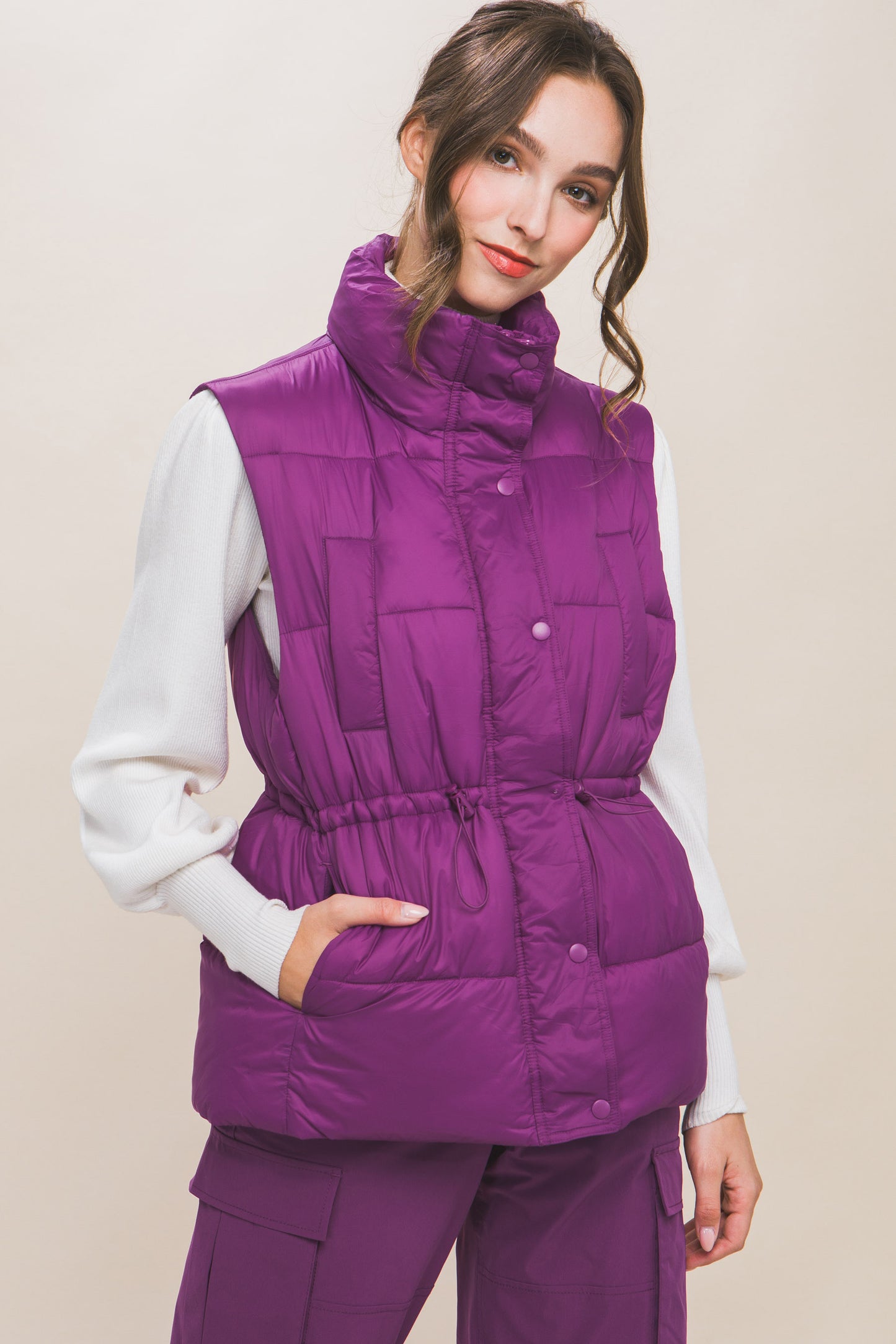 Women's Outwear Puffer Vest Waist Toggles Button Zip Up Stand Collar Sleeveless