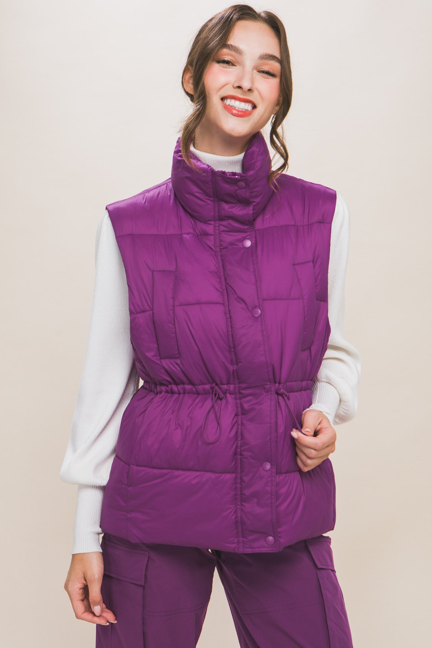 Women's Outwear Puffer Vest Waist Toggles Button Zip Up Stand Collar Sleeveless