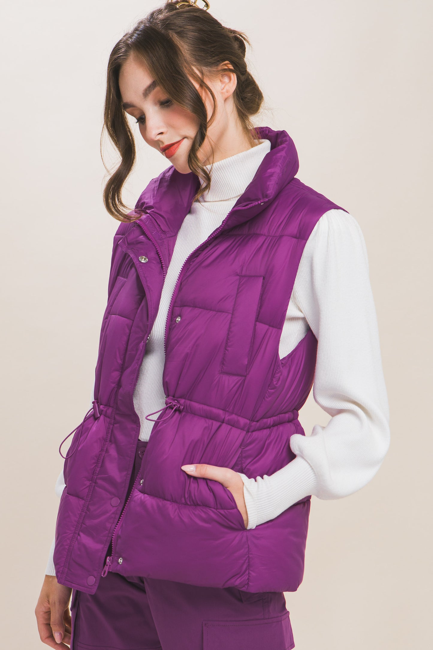 Women's Outwear Puffer Vest Waist Toggles Button Zip Up Stand Collar Sleeveless