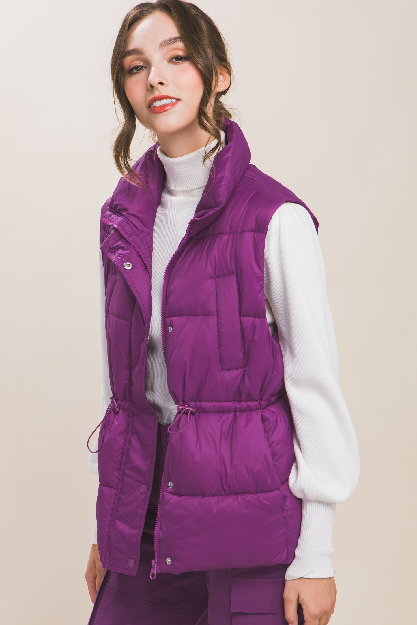 Women's Outwear Puffer Vest Waist Toggles Button Zip Up Stand Collar Sleeveless