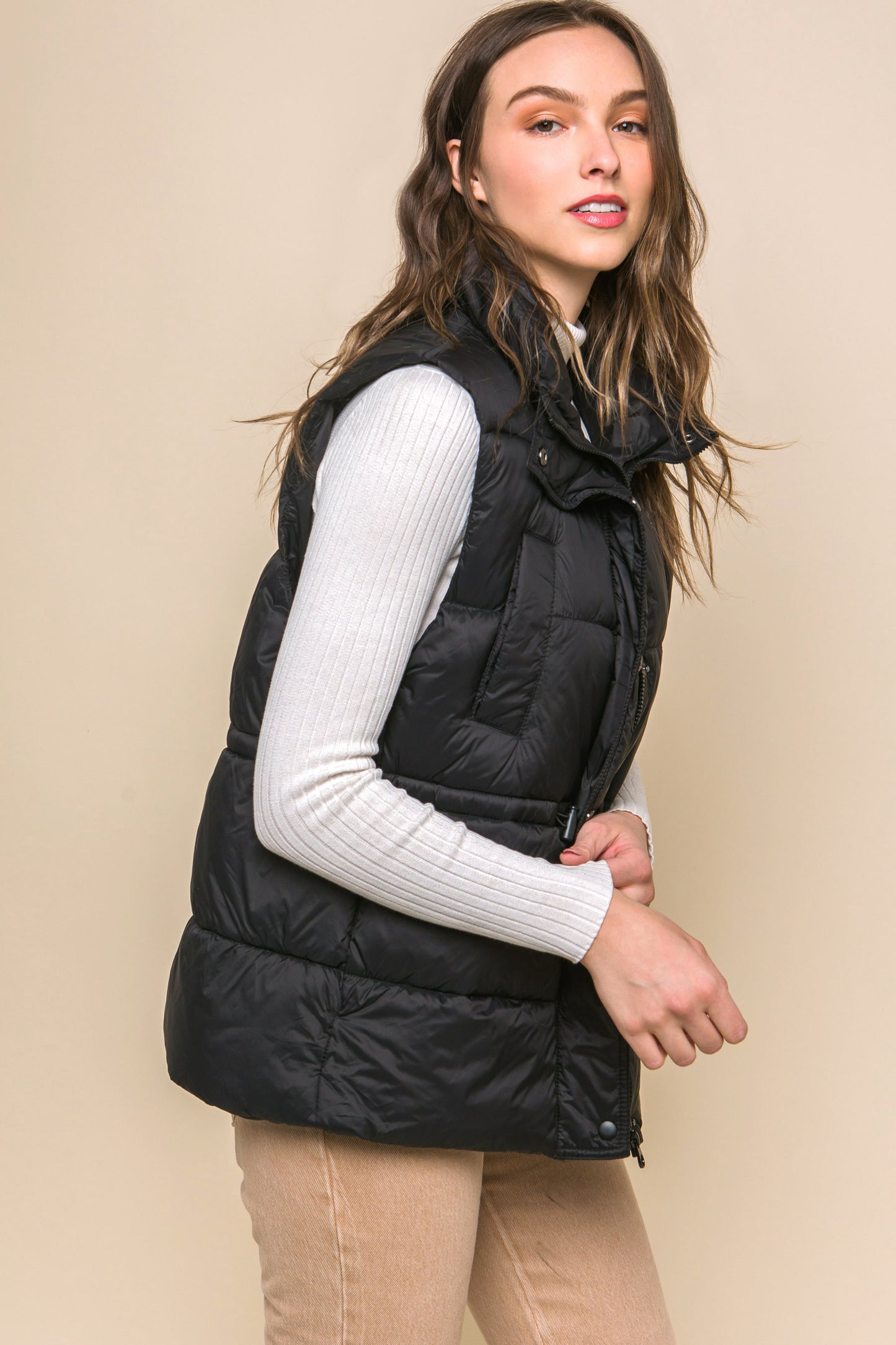 Women's Outwear Puffer Vest Waist Toggles Button Zip Up Stand Collar Sleeveless