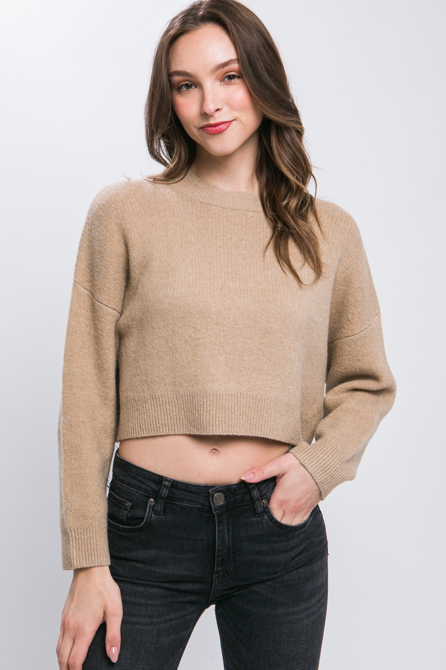 Women's Round Neck Wool Blend Cropped Sweater Long Sleeve Warm Stretchy