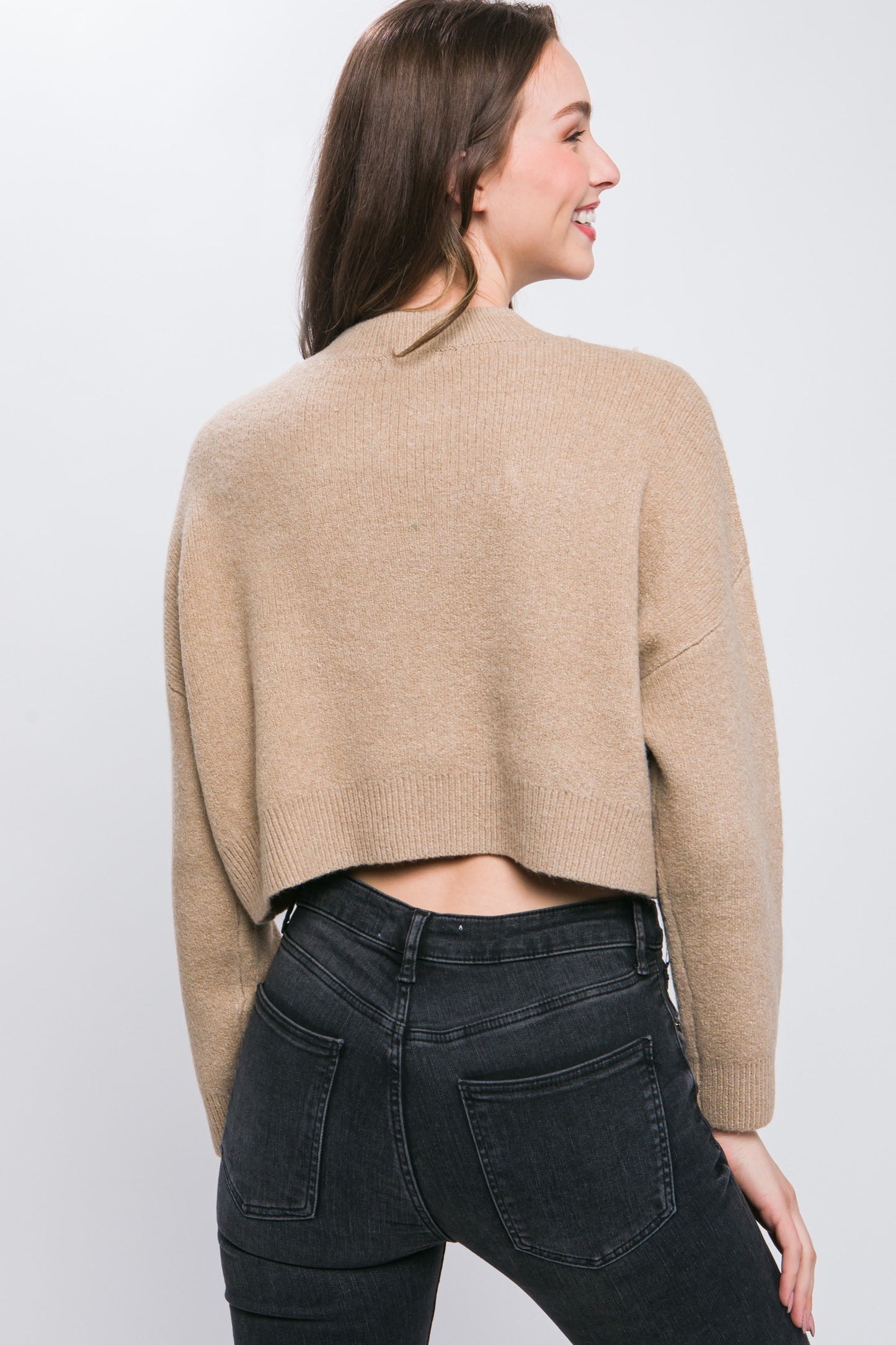 Women's Round Neck Wool Blend Cropped Sweater Long Sleeve Warm Stretchy