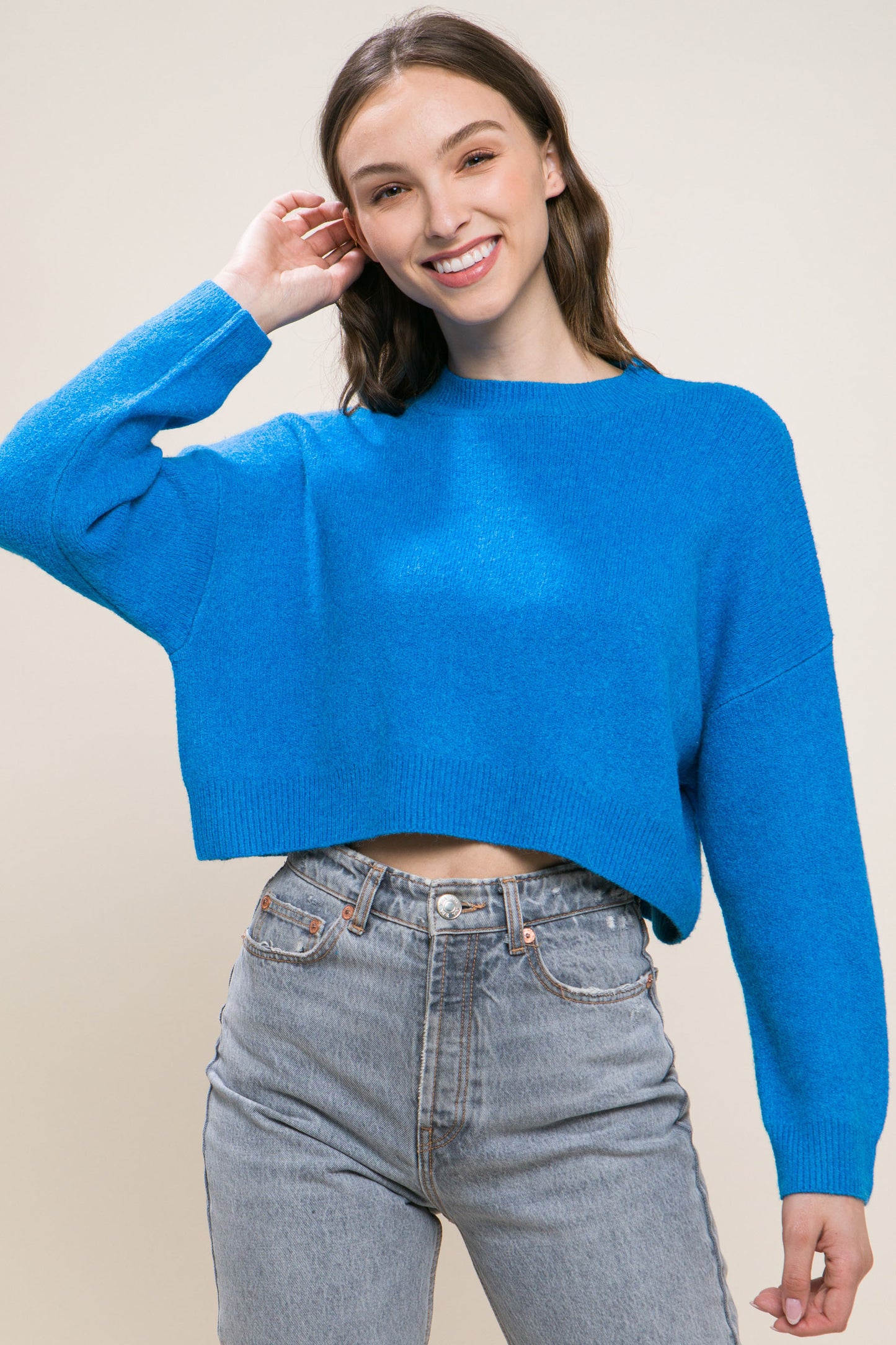 Women's Round Neck Wool Blend Cropped Sweater Long Sleeve Warm Stretchy