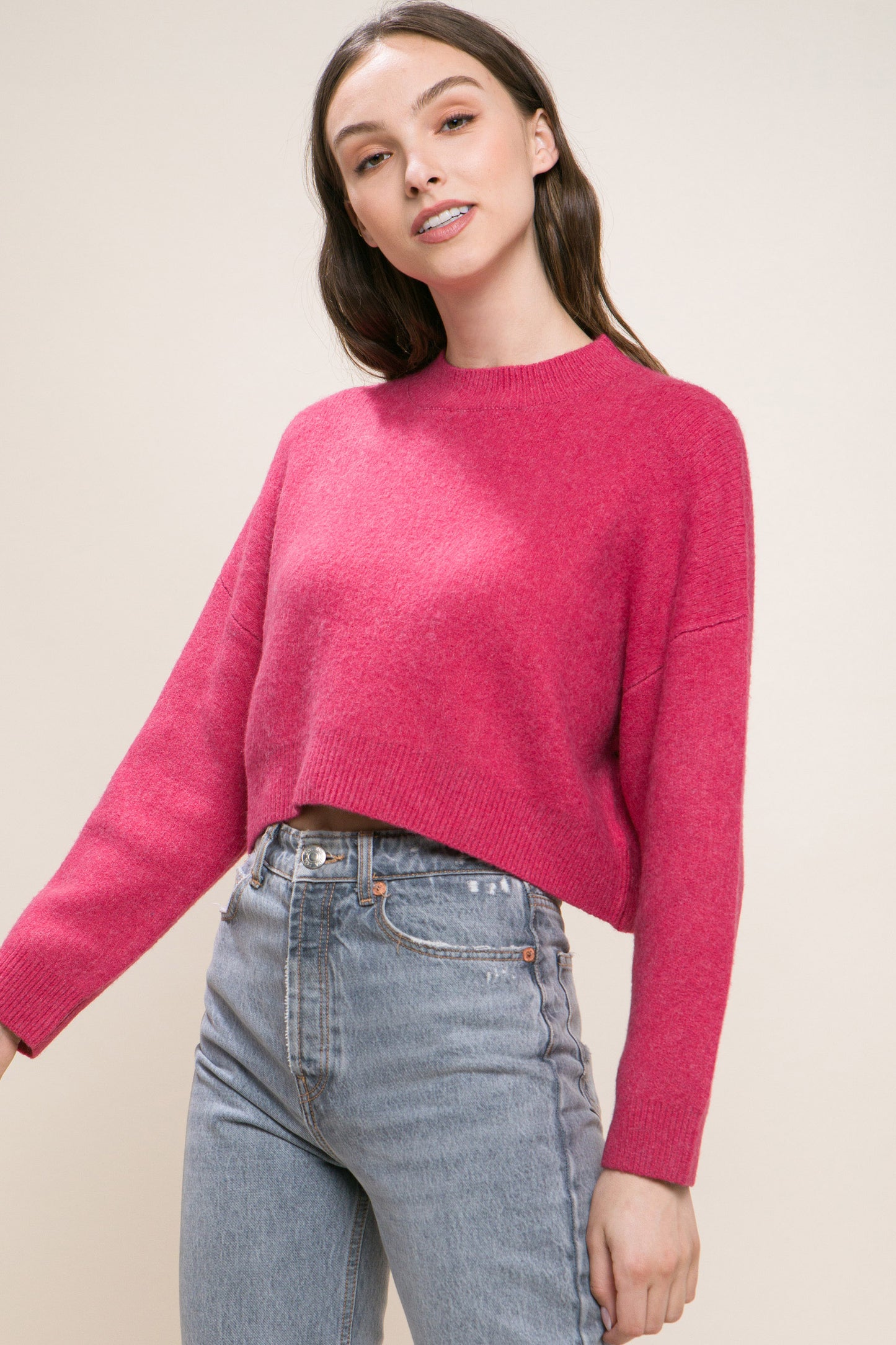 Women's Round Neck Wool Blend Cropped Sweater Long Sleeve Warm Stretchy