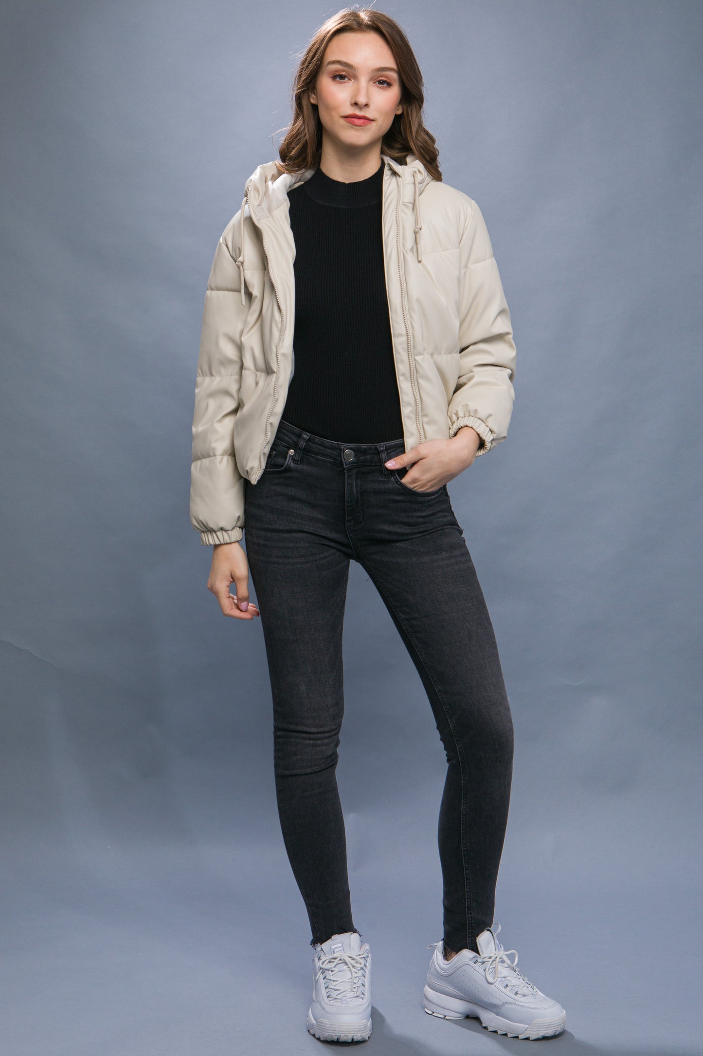 Women's Short Pu Faux Leather Zipper Hooded Puffer Jacket Long Sleeve Coat