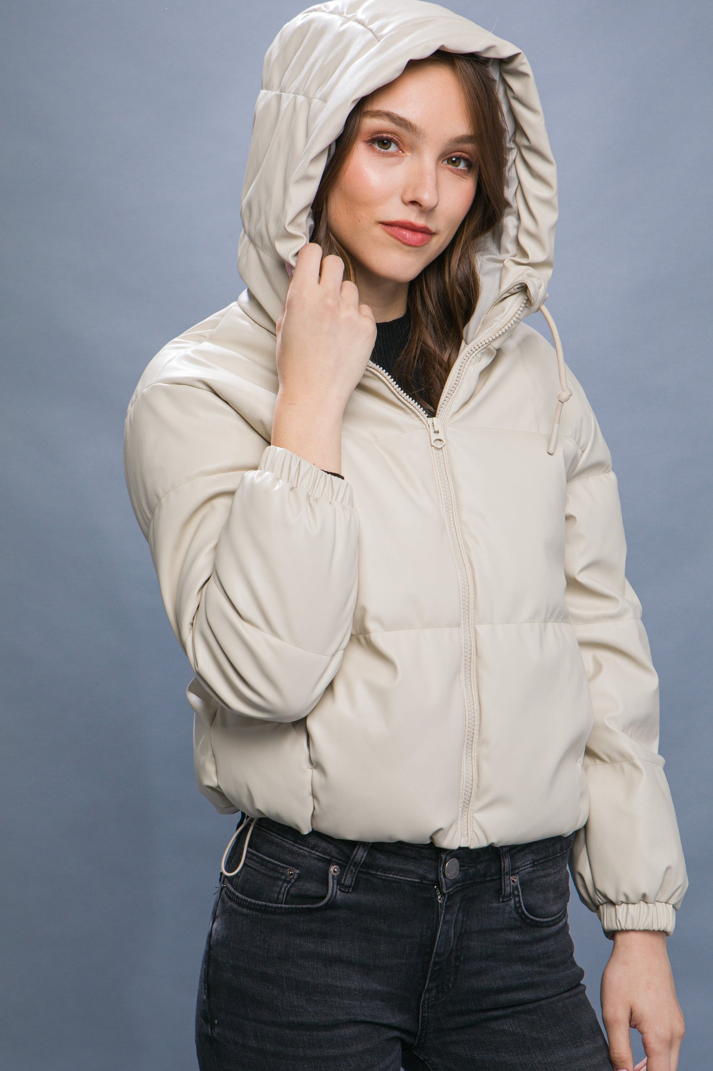 Women's Short Pu Faux Leather Zipper Hooded Puffer Jacket Long Sleeve Coat