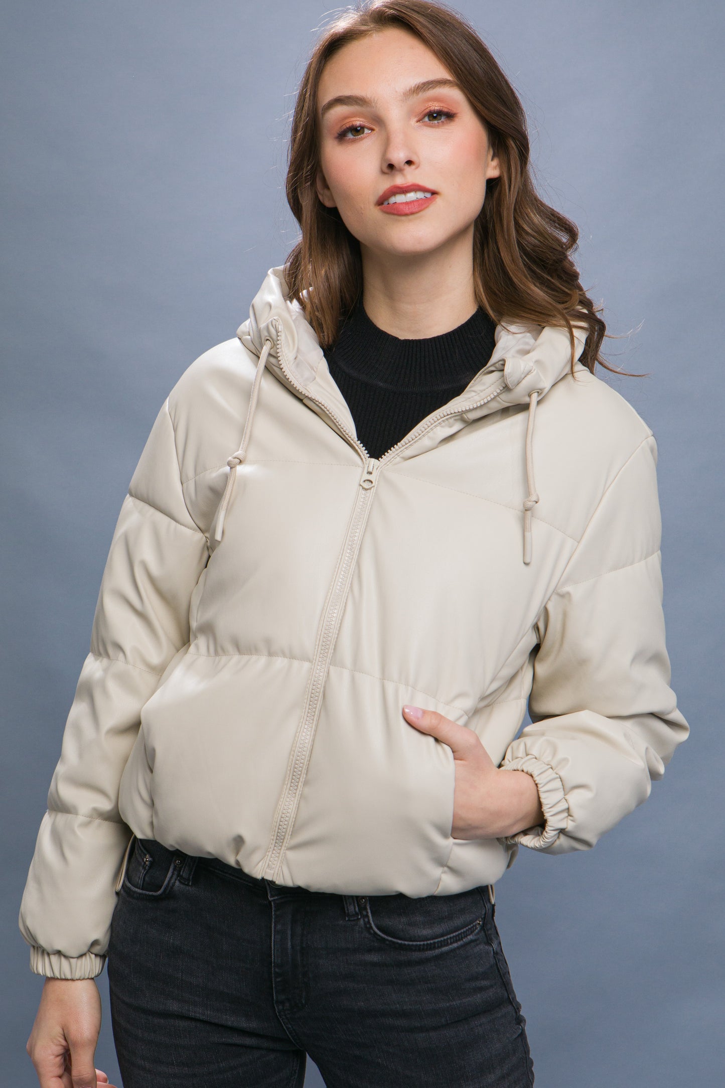 Women's Short Pu Faux Leather Zipper Hooded Puffer Jacket Long Sleeve Coat