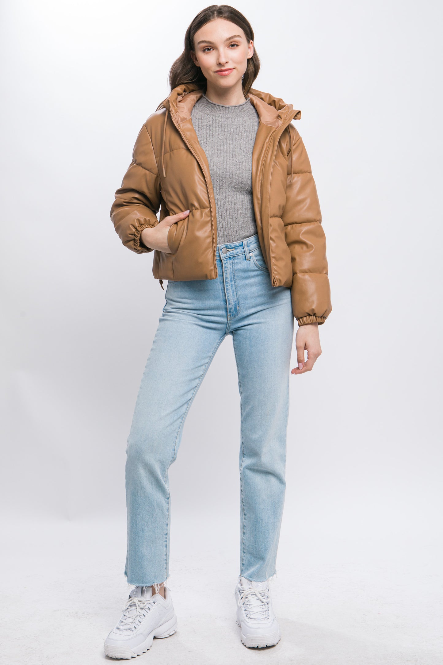 Women's Short Pu Faux Leather Zipper Hooded Puffer Jacket Long Sleeve Coat