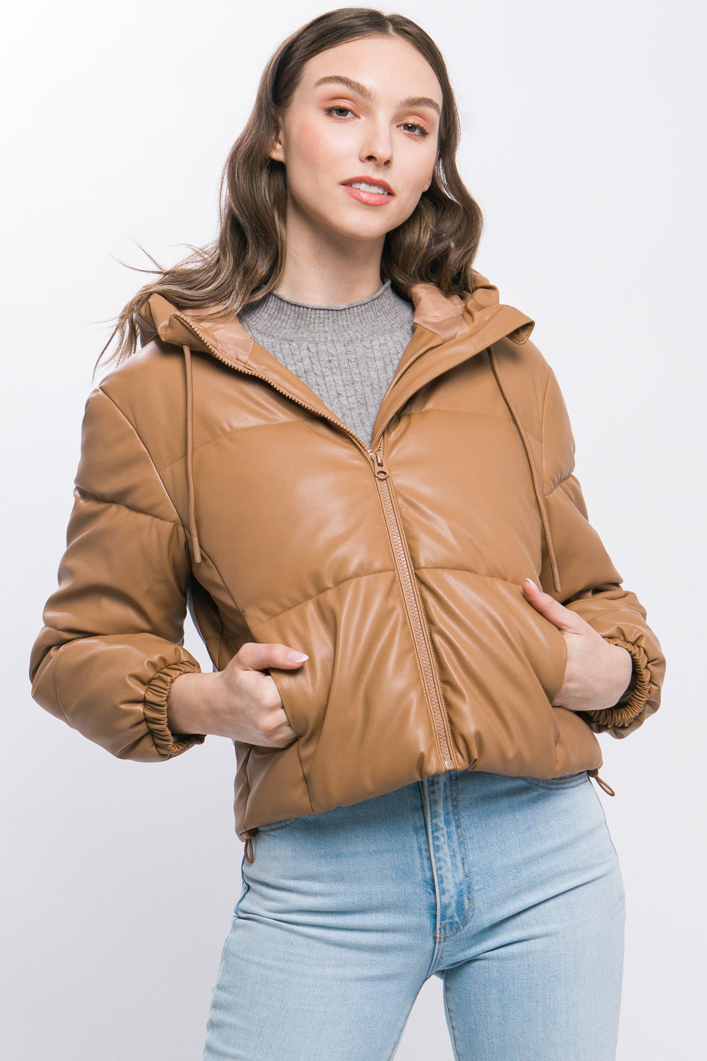 Women's Short Pu Faux Leather Zipper Hooded Puffer Jacket Long Sleeve Coat