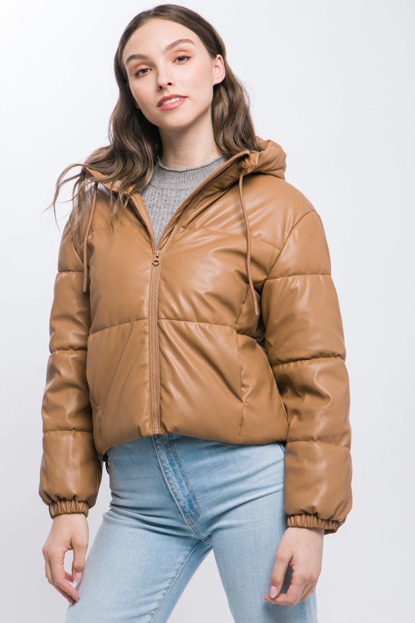 Women's Short Pu Faux Leather Zipper Hooded Puffer Jacket Long Sleeve Coat
