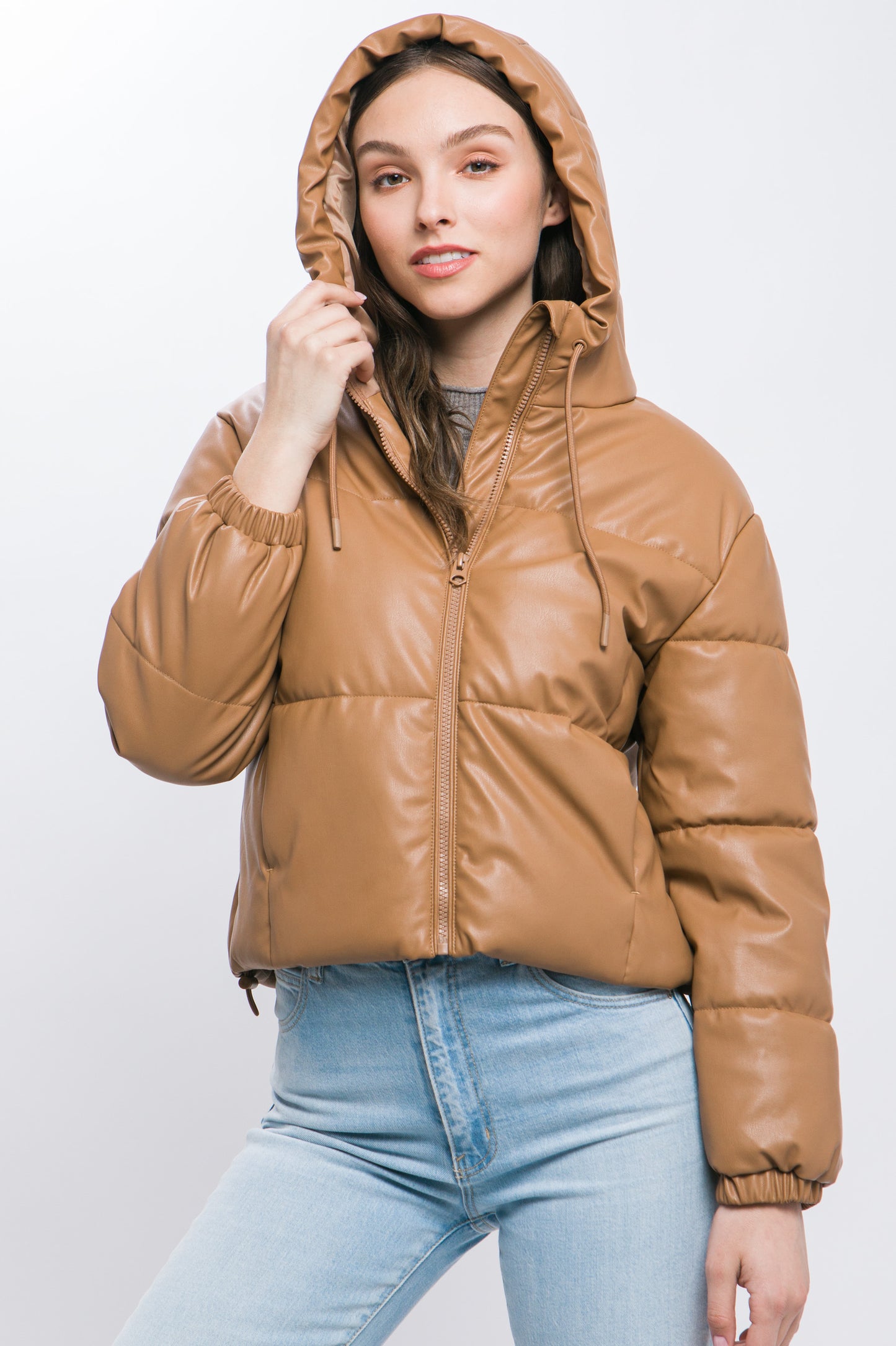 Women's Short Pu Faux Leather Zipper Hooded Puffer Jacket Long Sleeve Coat