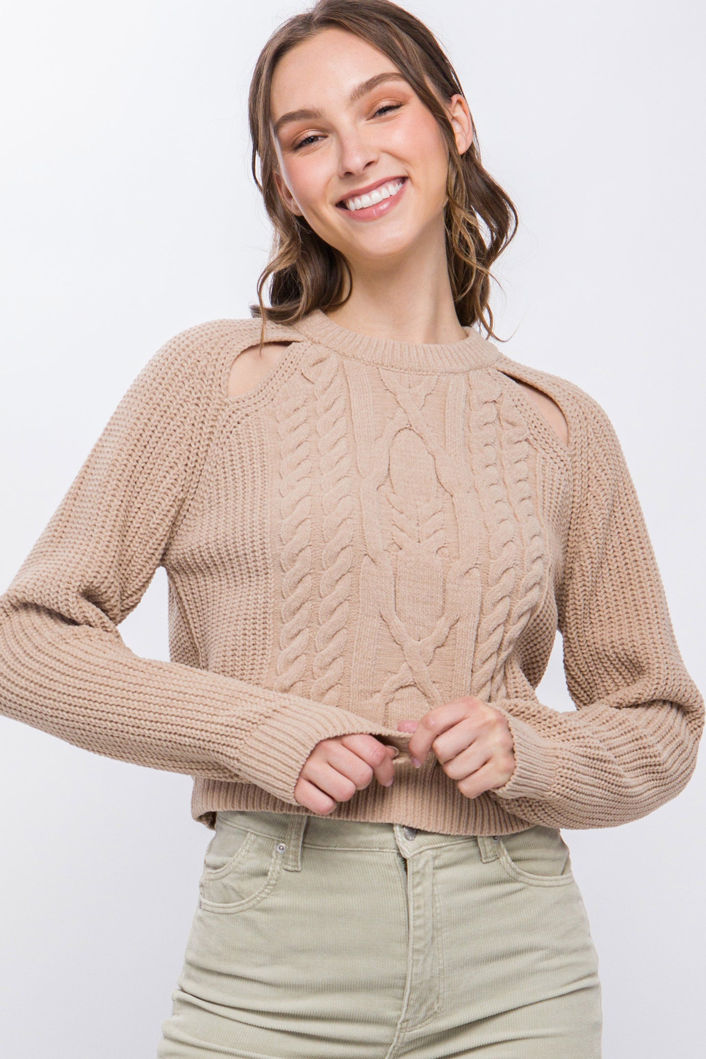 Women's Pullover Knit Sweater Round Neck Stretchy Long Sleeve Cold Shoulder