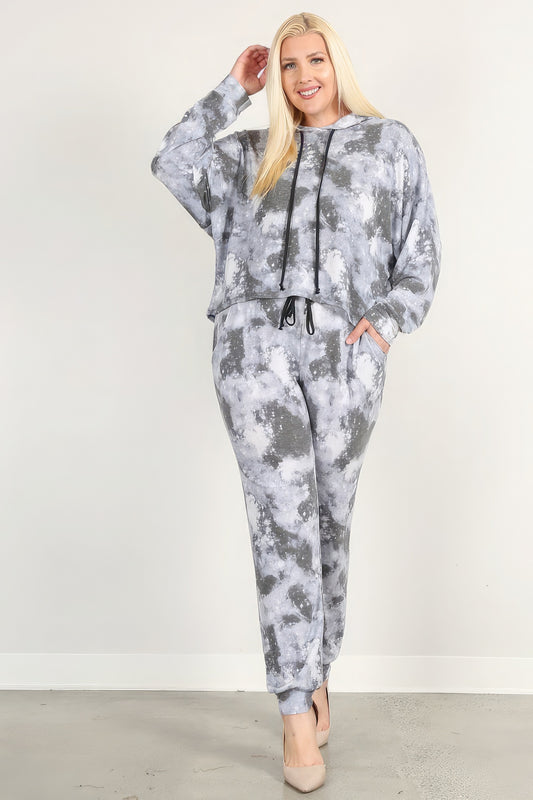 Women Plus Tie Dye Print Pullover Hoodie Sweatshirt & Sweatpants Set (1X,2X,3X)