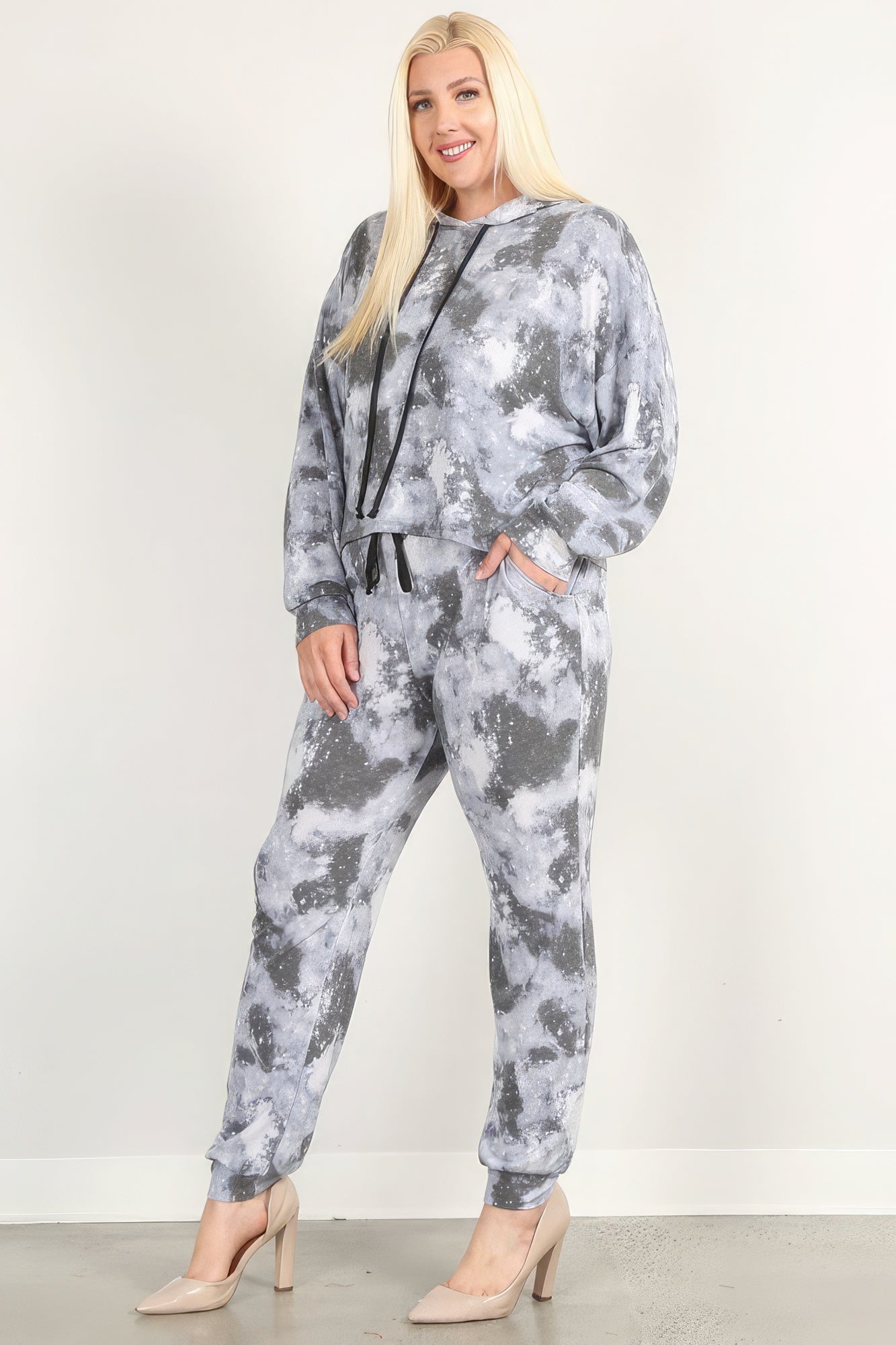 Women Plus Tie Dye Print Pullover Hoodie Sweatshirt & Sweatpants Set (1X,2X,3X)