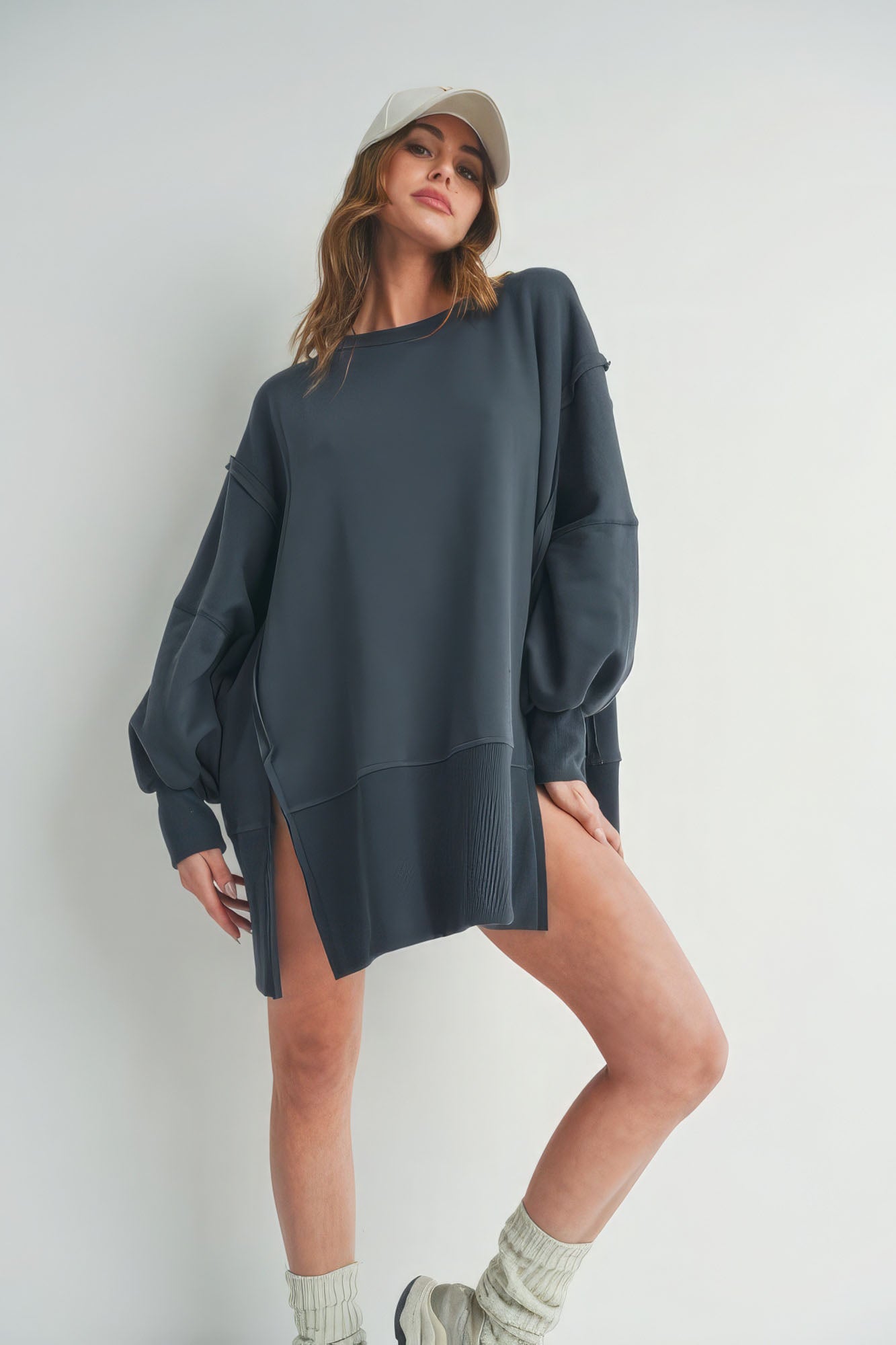 Women's Crew Neck Long Sleeve Oversized Sweater Side Slits - Dark Charcoal