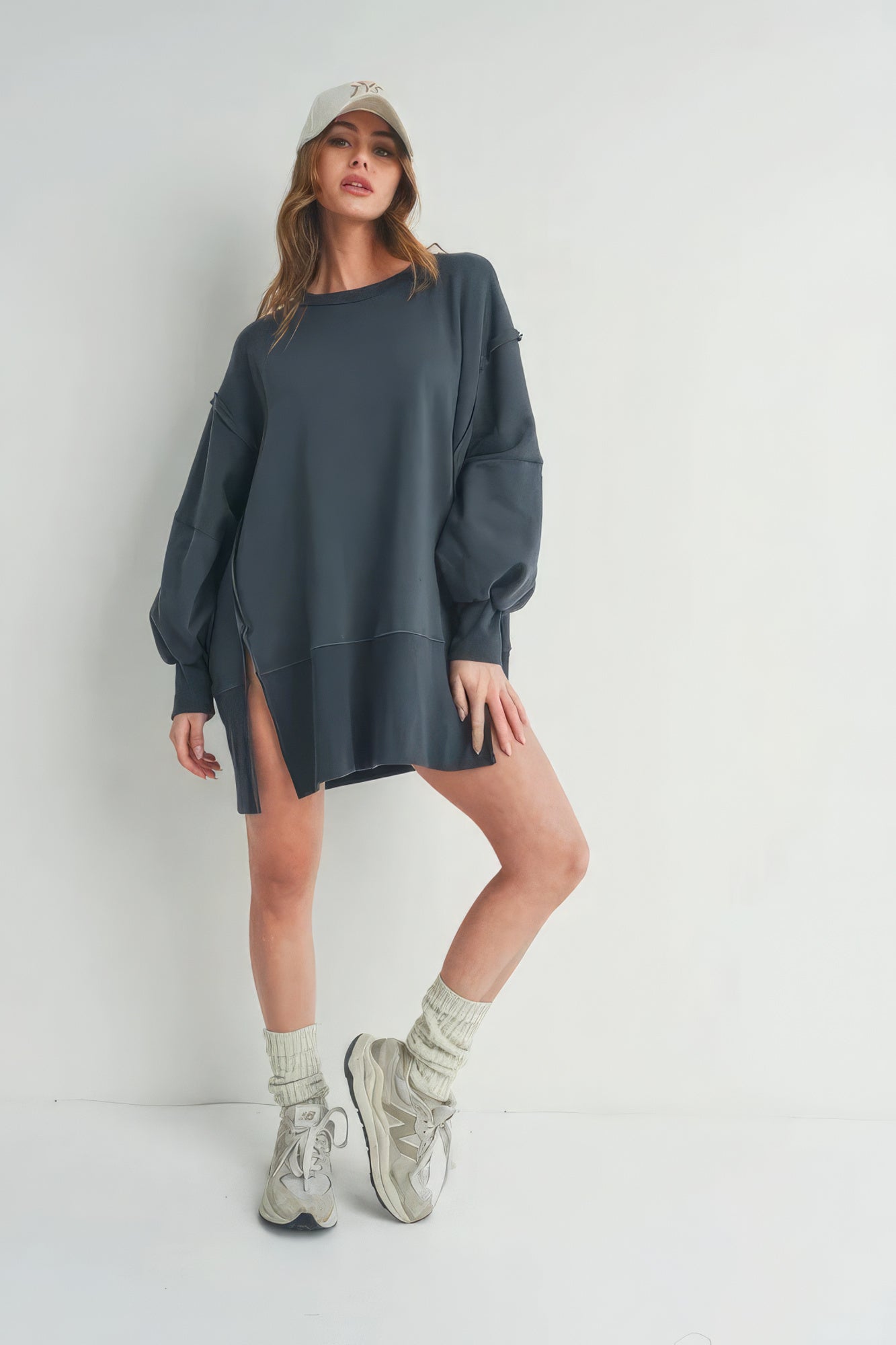 Women's Crew Neck Long Sleeve Oversized Sweater Side Slits - Dark Charcoal