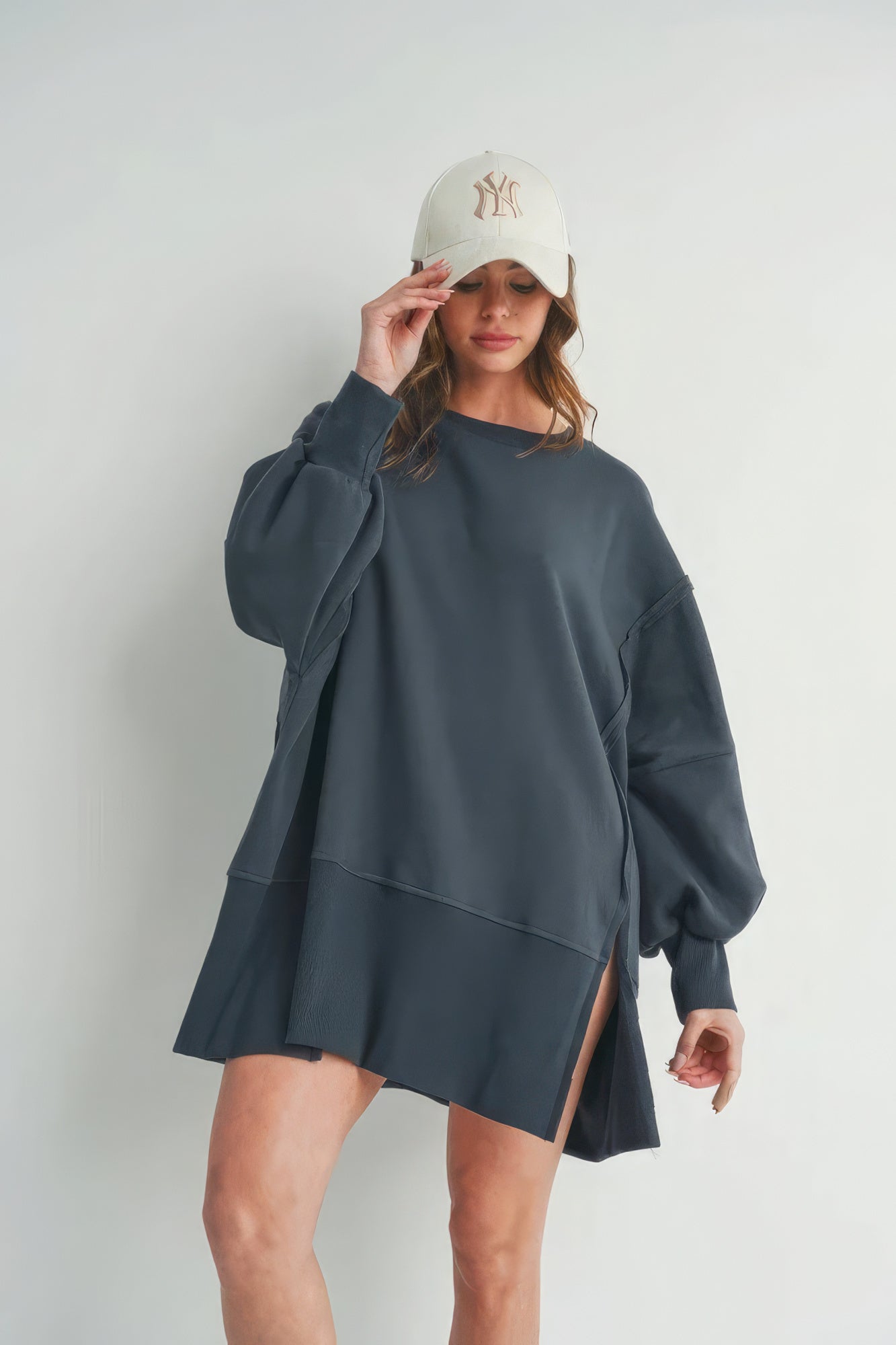Women's Crew Neck Long Sleeve Oversized Sweater Side Slits - Dark Charcoal