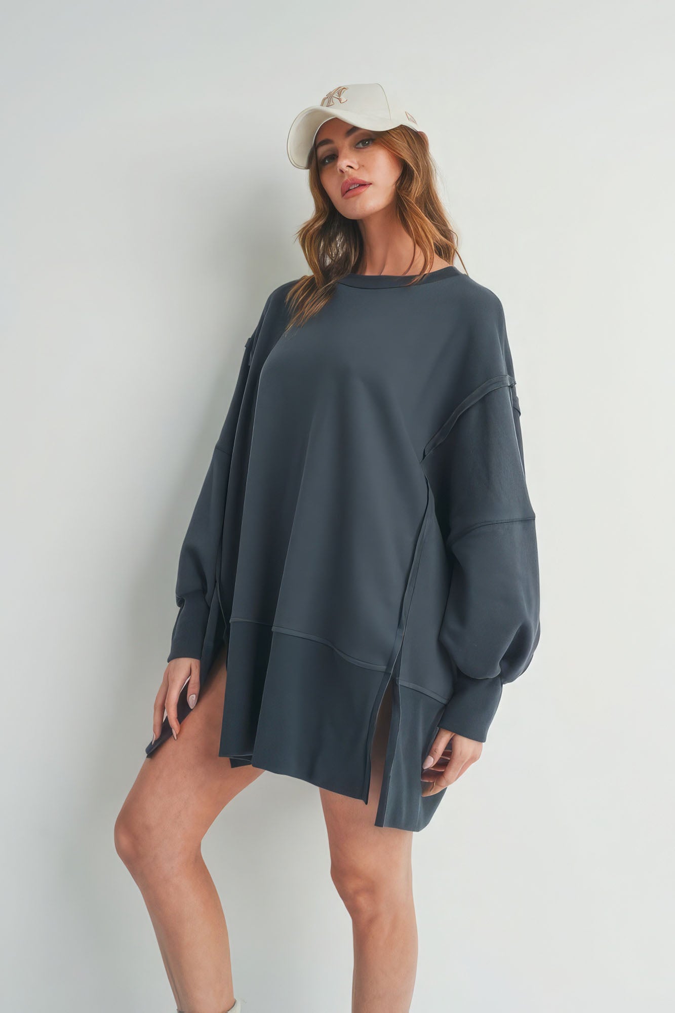 Women's Crew Neck Long Sleeve Oversized Sweater Side Slits - Dark Charcoal