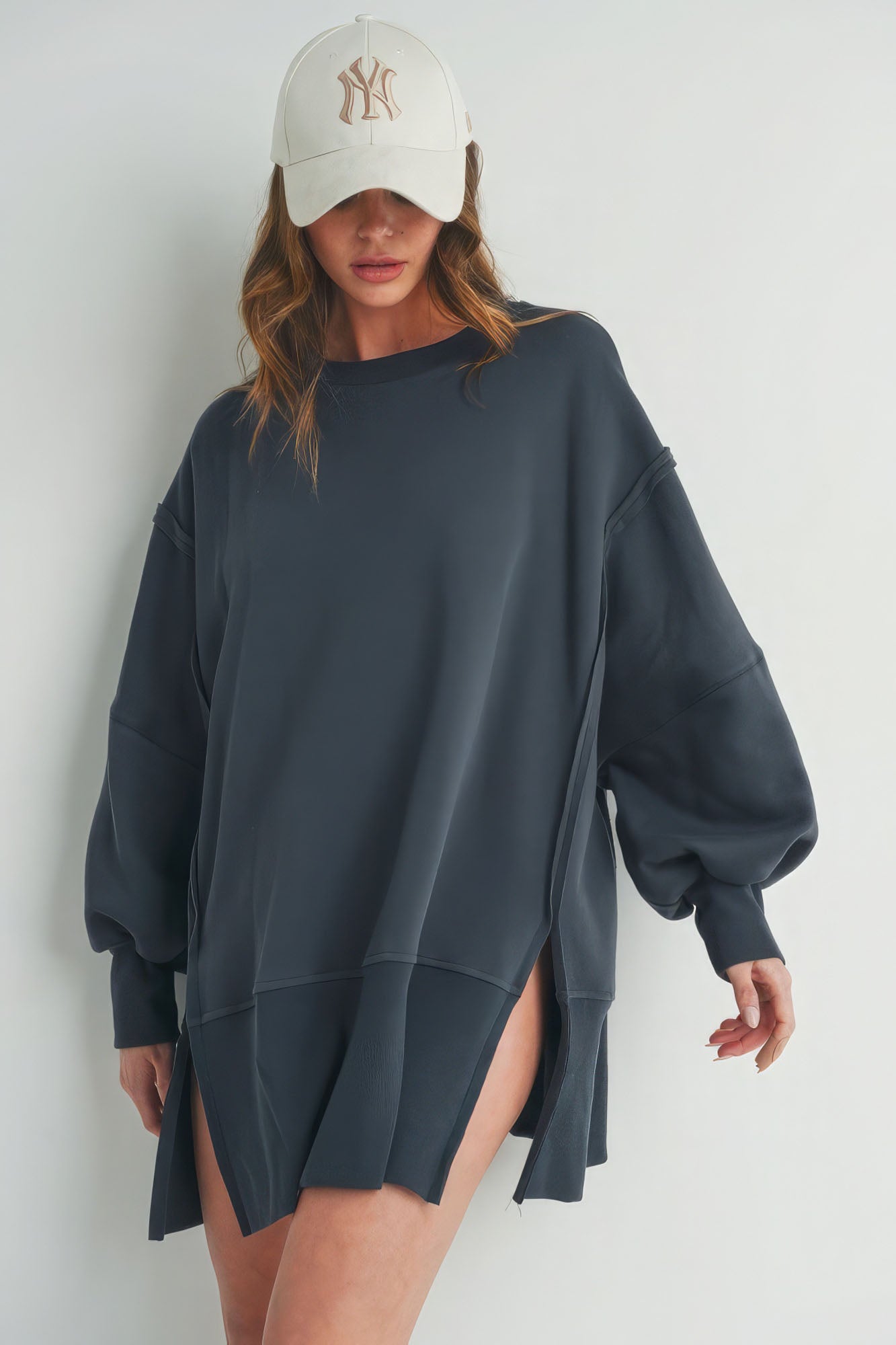Women's Crew Neck Long Sleeve Oversized Sweater Side Slits - Dark Charcoal