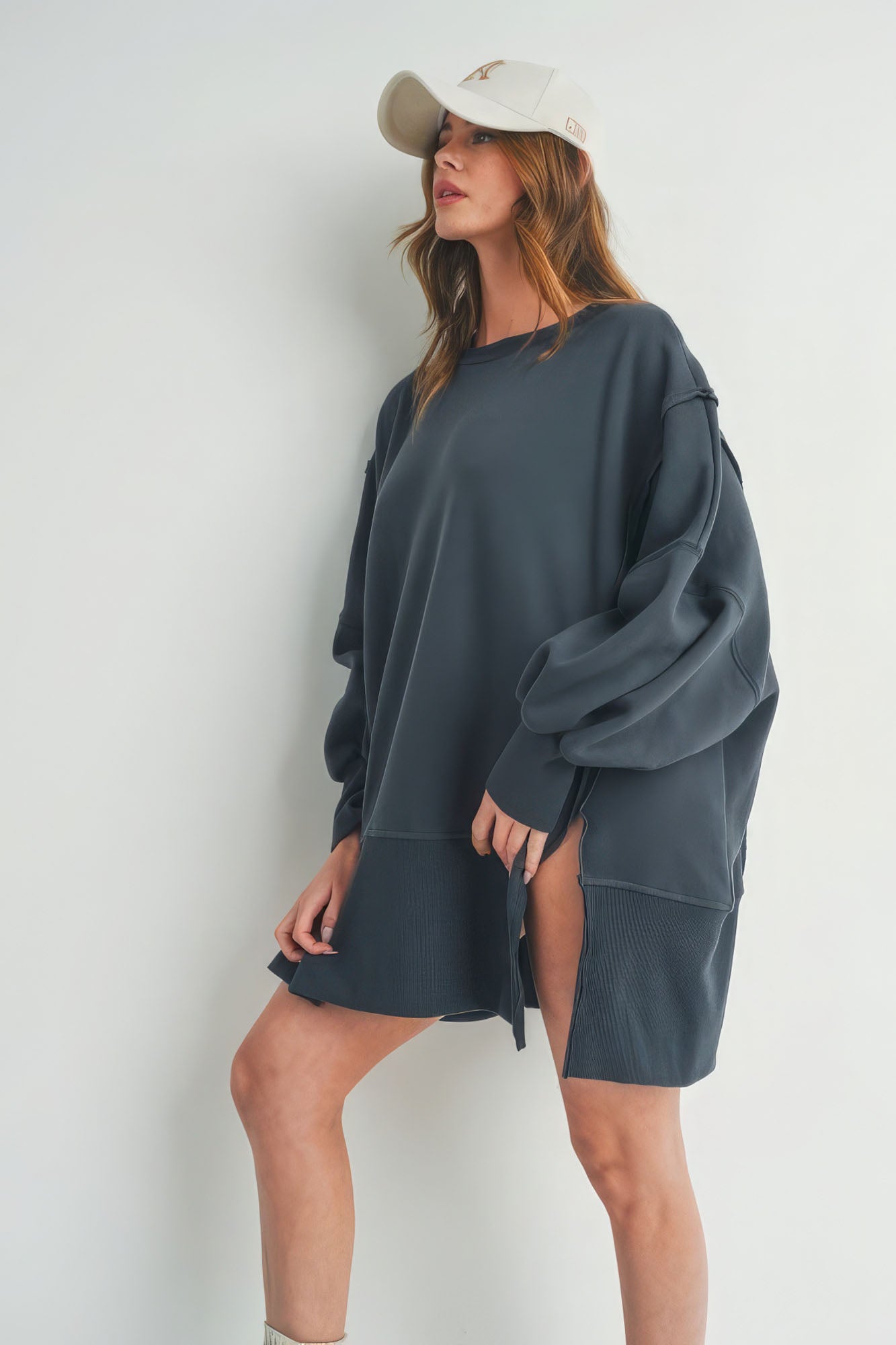 Women's Crew Neck Long Sleeve Oversized Sweater Side Slits - Dark Charcoal