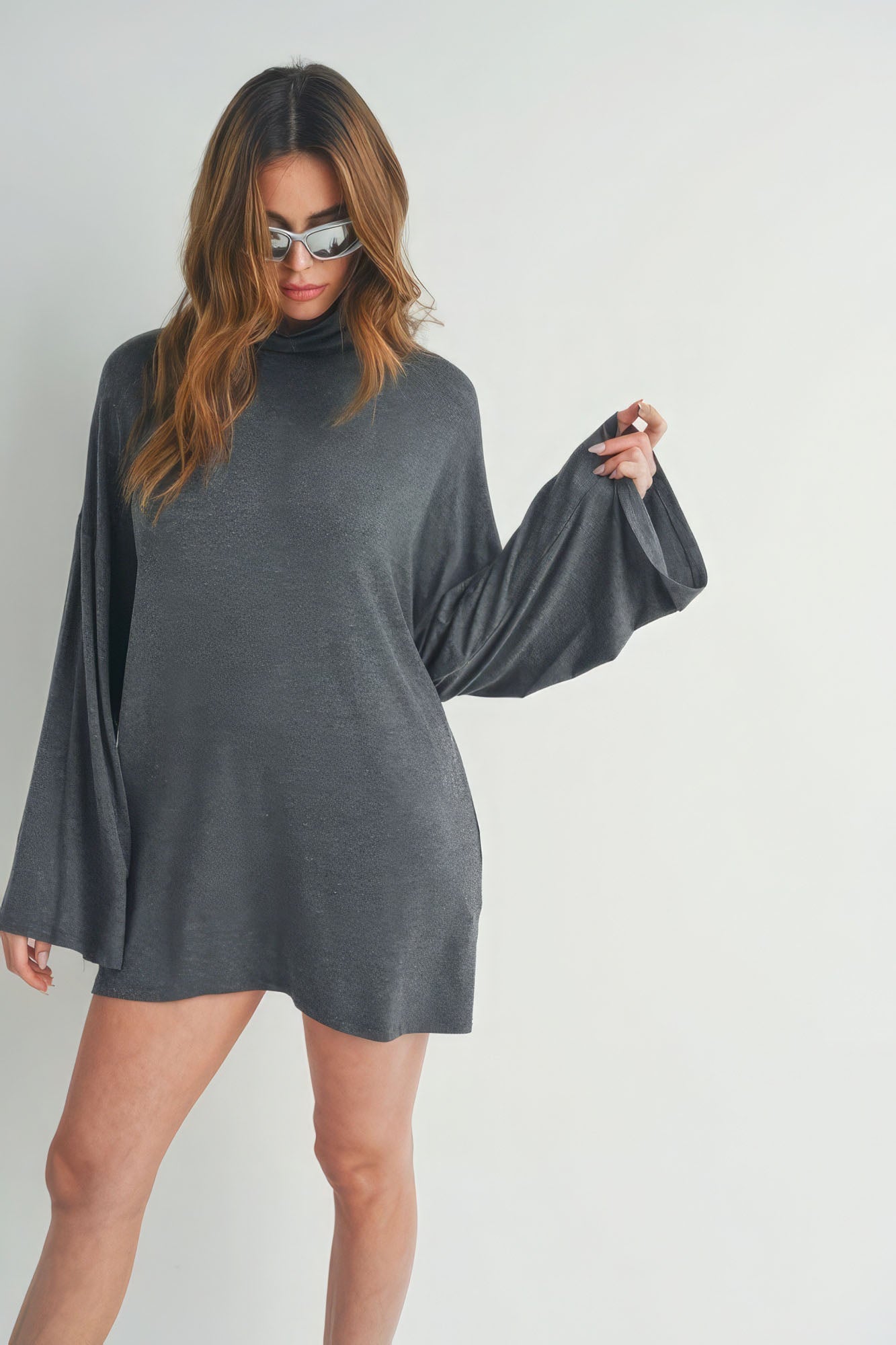 Women's Bell Sleeve Turtle Neck Mini Dress Stretch Rayon Shirt Top - Charcoal