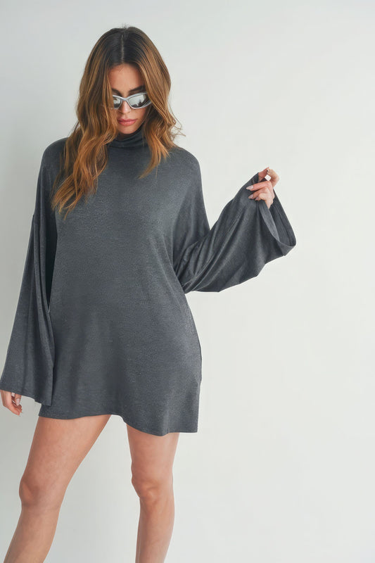 Women's Bell Sleeve Turtle Neck Mini Dress Stretch Rayon Shirt Top - Charcoal