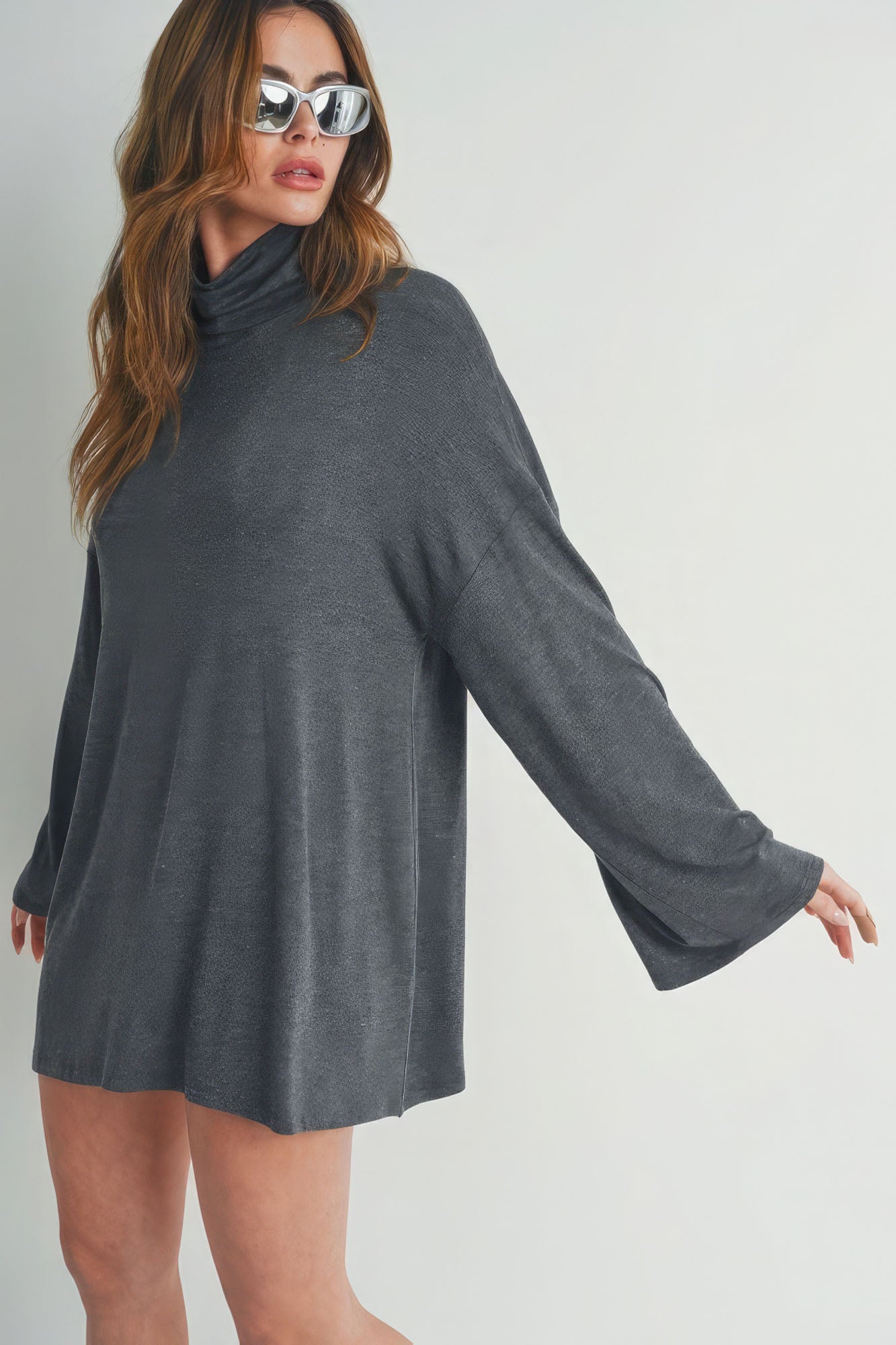 Women's Bell Sleeve Turtle Neck Mini Dress Stretch Rayon Shirt Top - Charcoal
