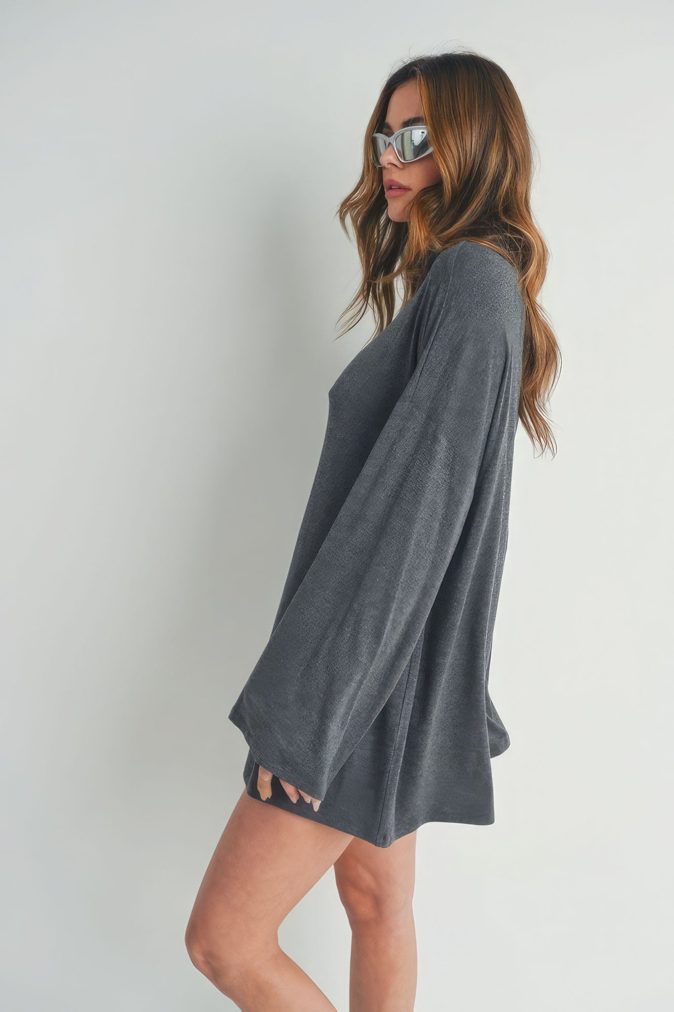 Women's Bell Sleeve Turtle Neck Mini Dress Stretch Rayon Shirt Top - Charcoal