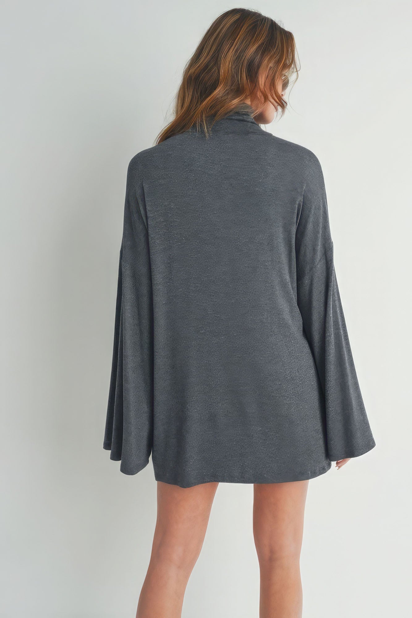 Women's Bell Sleeve Turtle Neck Mini Dress Stretch Rayon Shirt Top - Charcoal