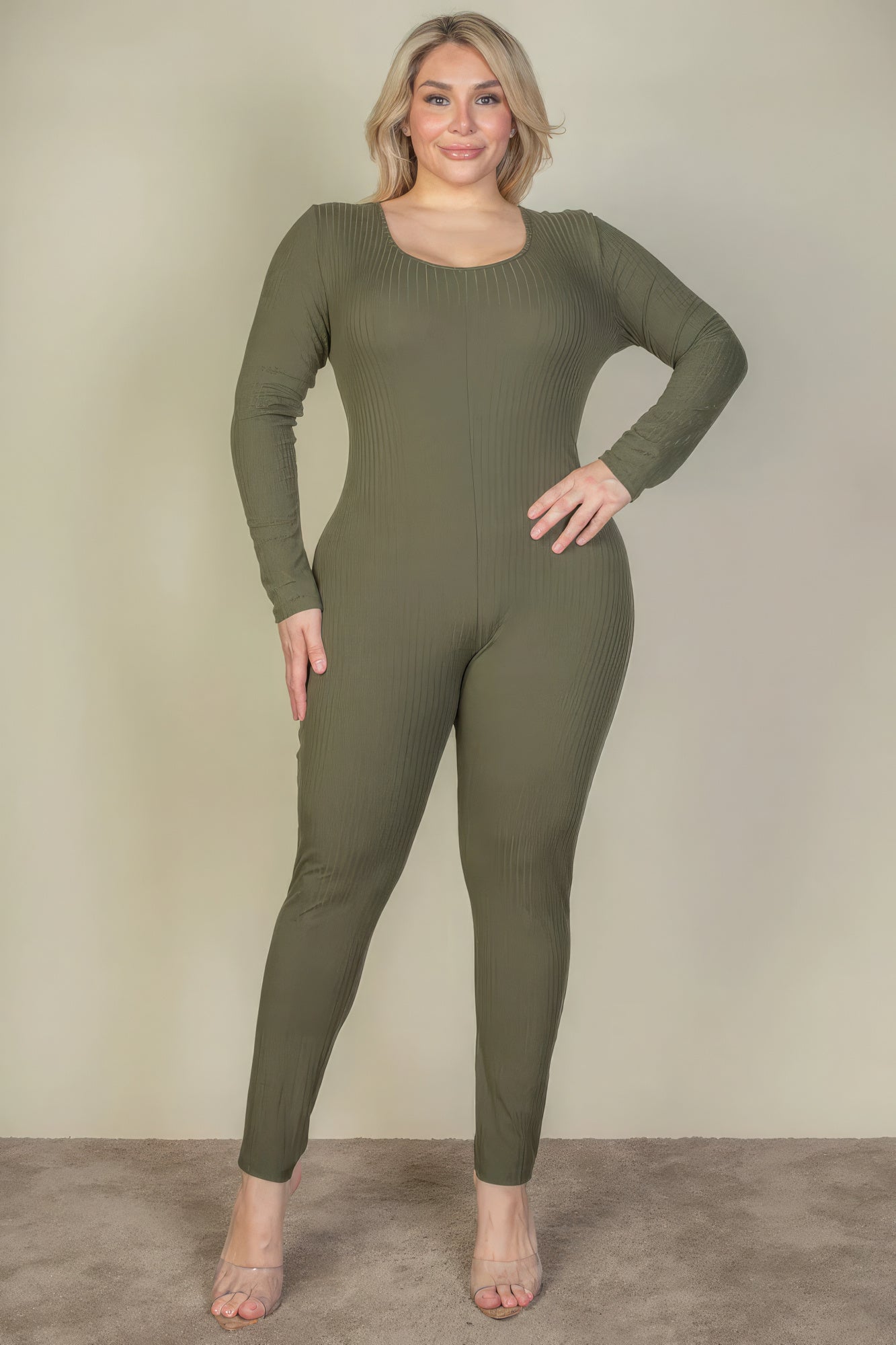 Women's Plus Size Scoop Neck  Jumpsuit Long Sleeve Ribbed Comfy Workout Lounge