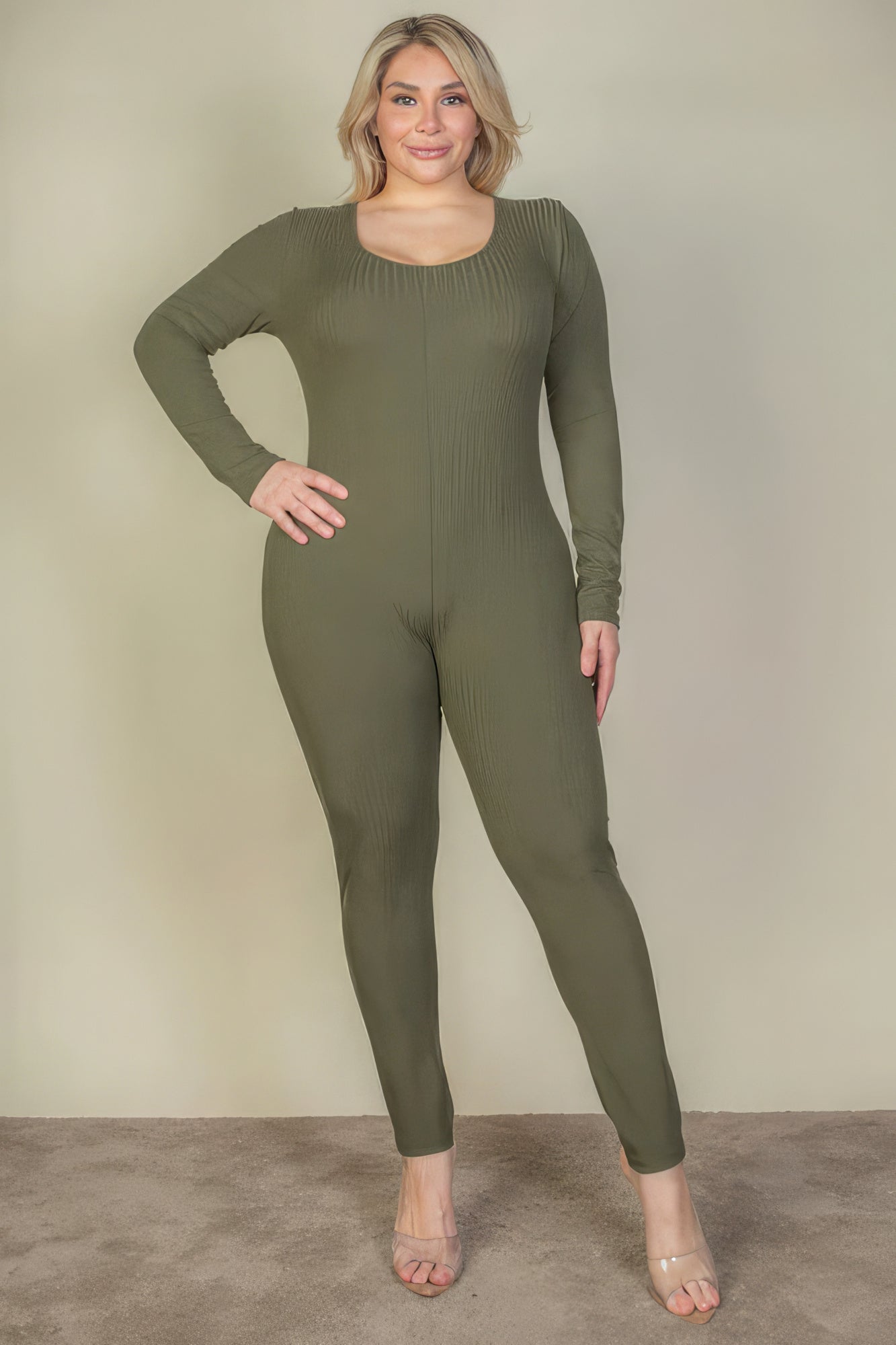 Women's Plus Size Scoop Neck  Jumpsuit Long Sleeve Ribbed Comfy Workout Lounge