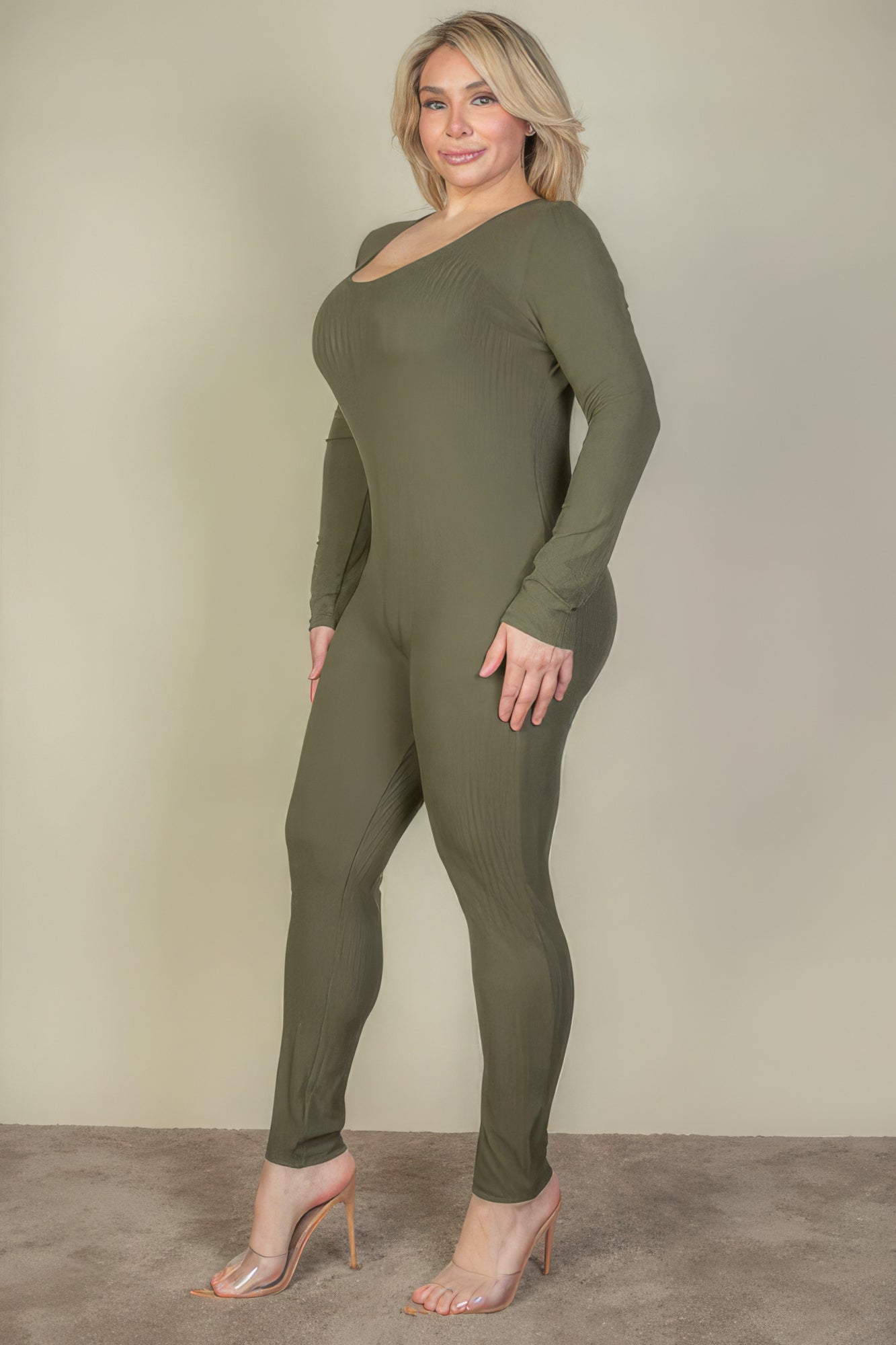Women's Plus Size Scoop Neck  Jumpsuit Long Sleeve Ribbed Comfy Workout Lounge