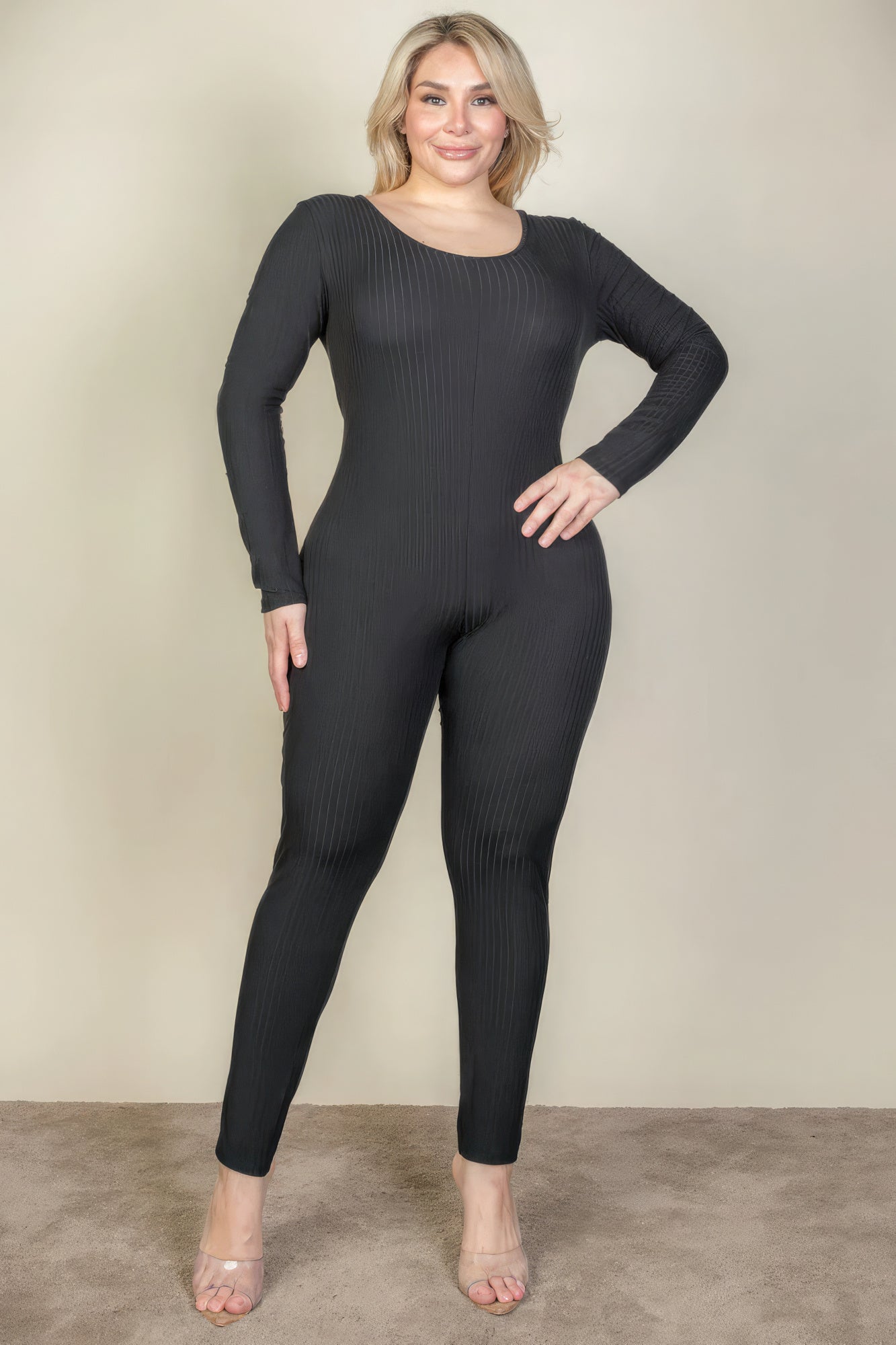 Women's Plus Size Scoop Neck  Jumpsuit Long Sleeve Ribbed Comfy Workout Lounge