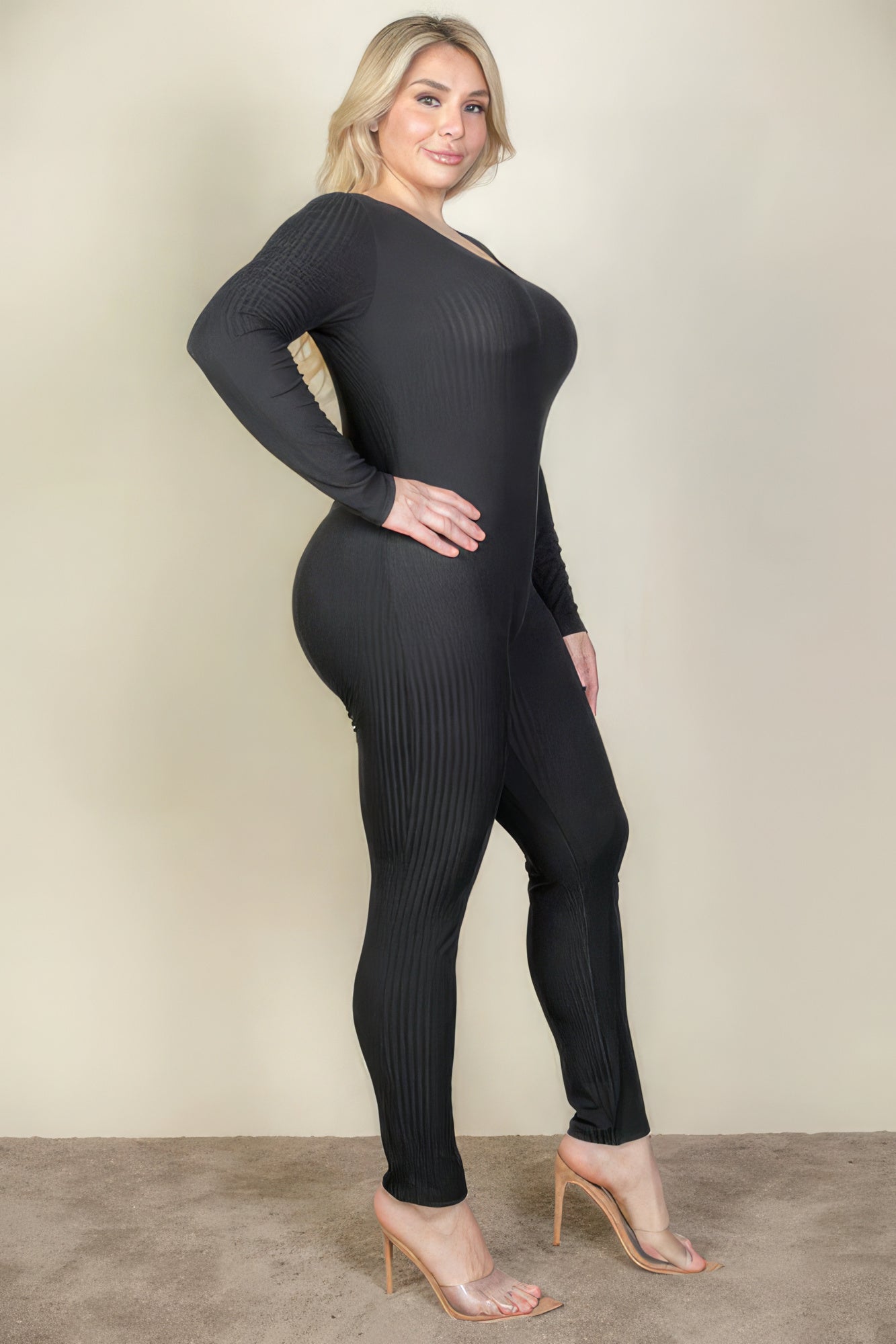 Women's Plus Size Scoop Neck  Jumpsuit Long Sleeve Ribbed Comfy Workout Lounge